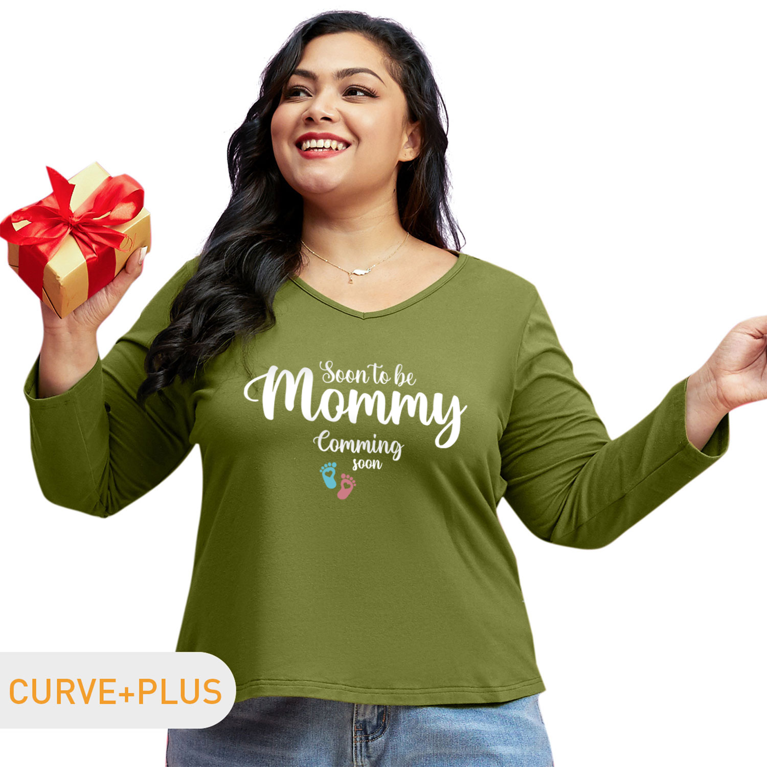 

Women Plus Size Graphic Letter and Footprint Print V Neck Long-sleeve Tee