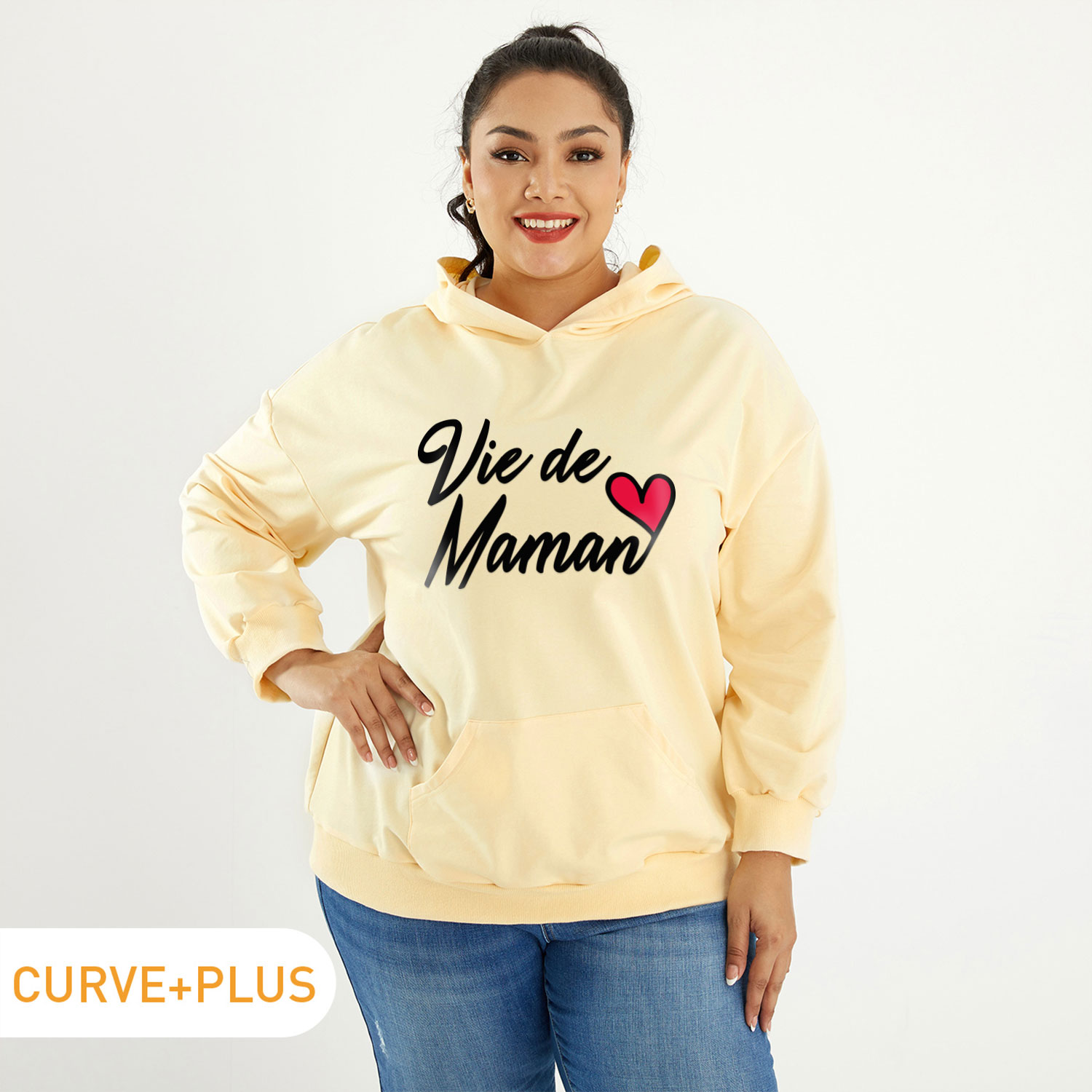 

Women Plus Size Graphic Letter and Heart-shaped Print Long-sleeve Hooded Pullover