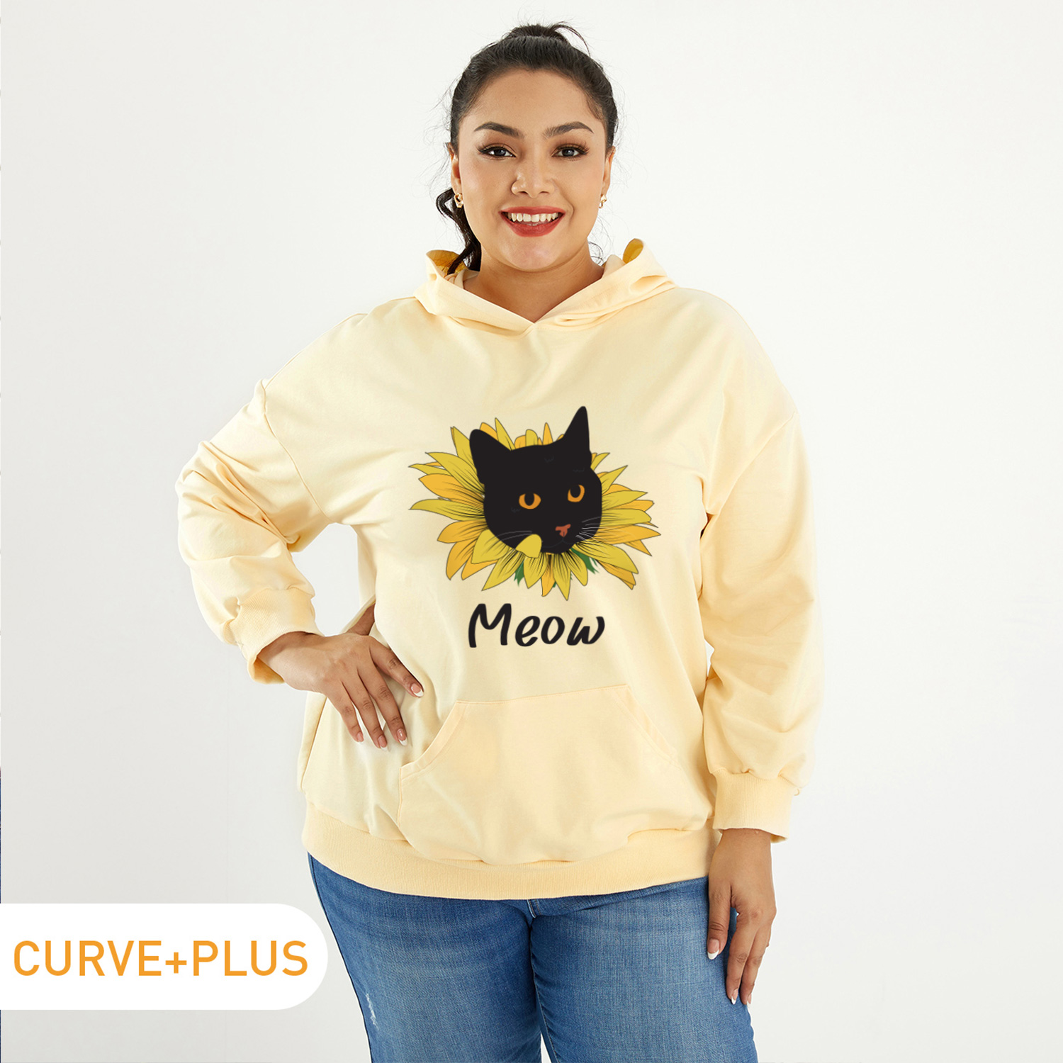

Women Plus Size Graphic Letter and Sunflower and Cat Print Long-sleeve Hooded Pullover