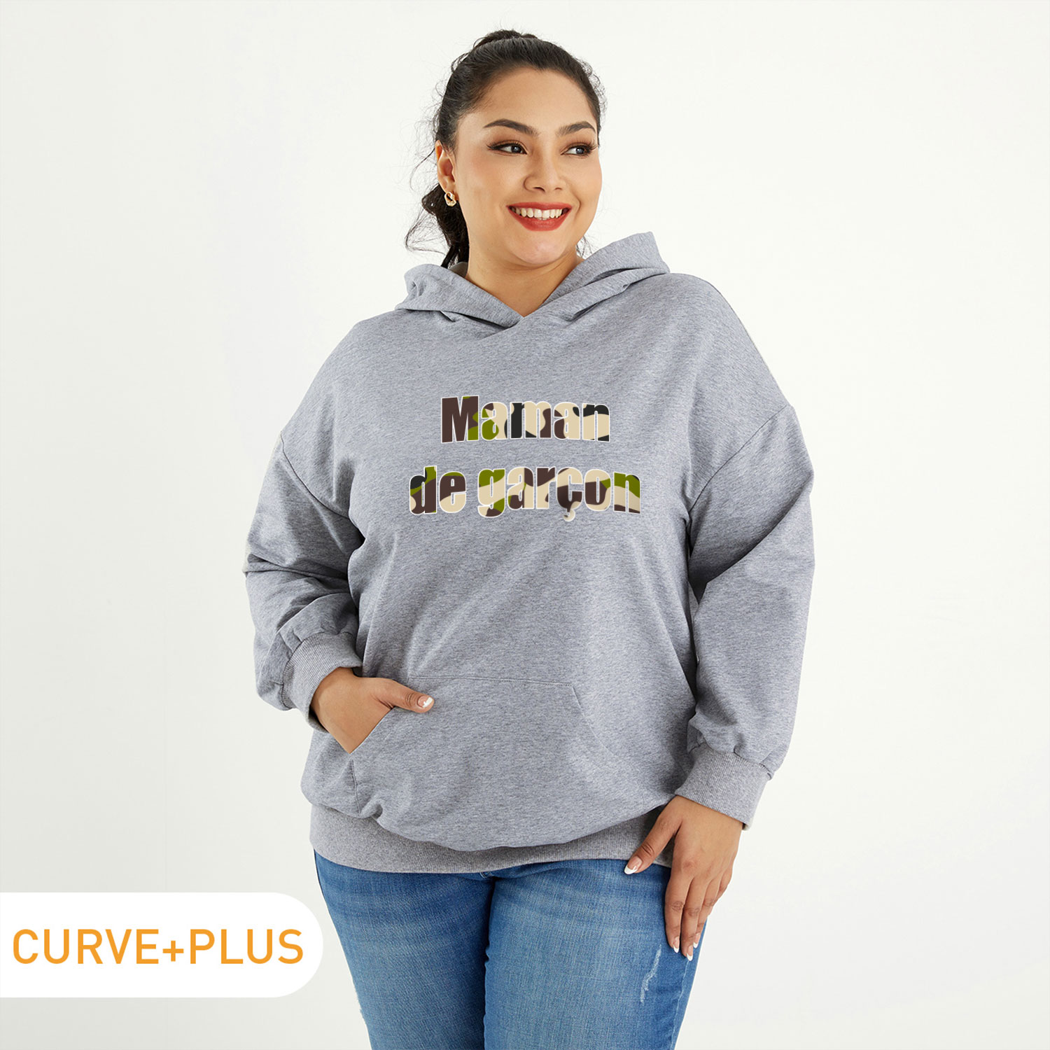 

Women Plus Size Graphic Letter and Camouflage Print Long-sleeve Hooded Pullover