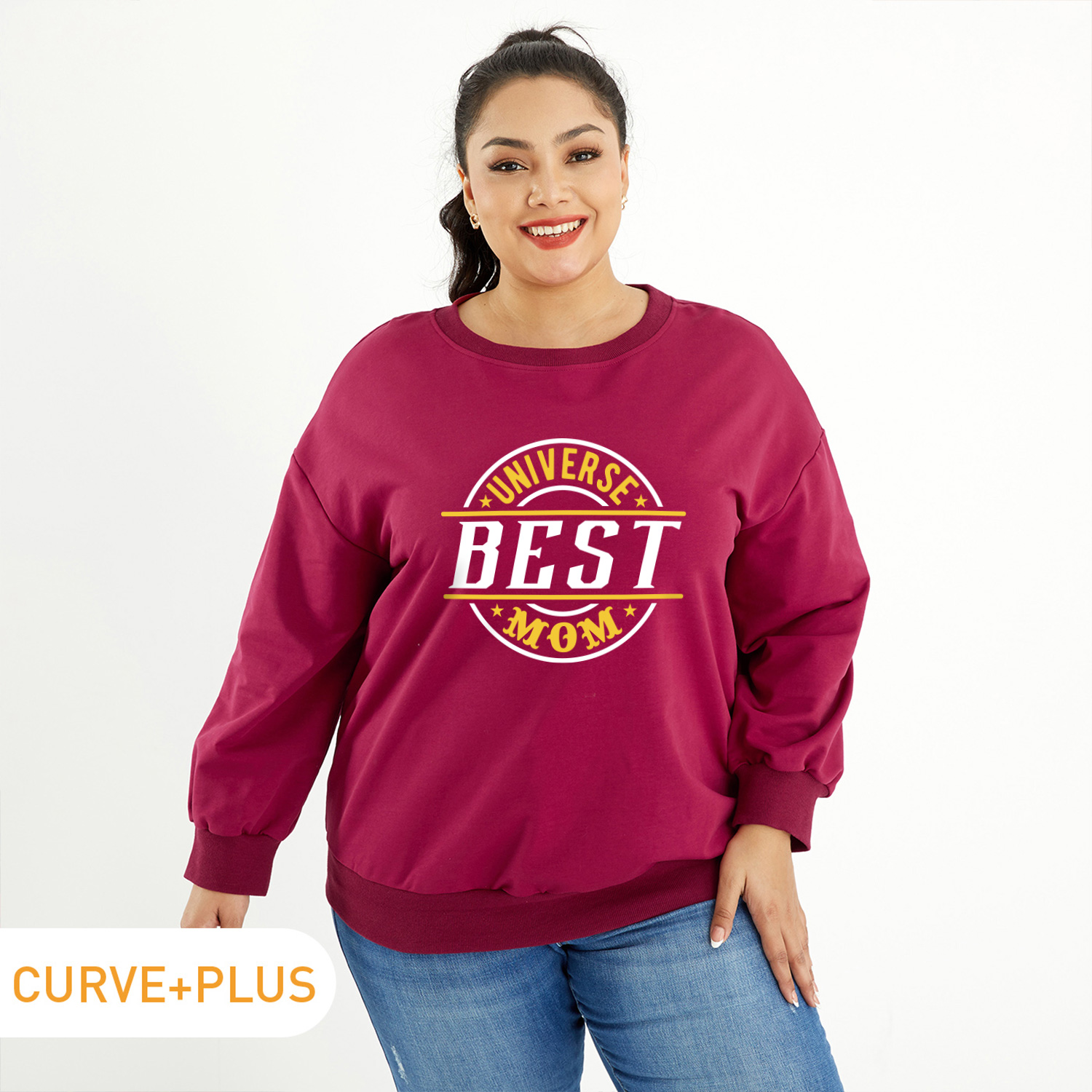 

Women Plus Size Graphic Letter Print Round Neck Long-sleeve Pullover