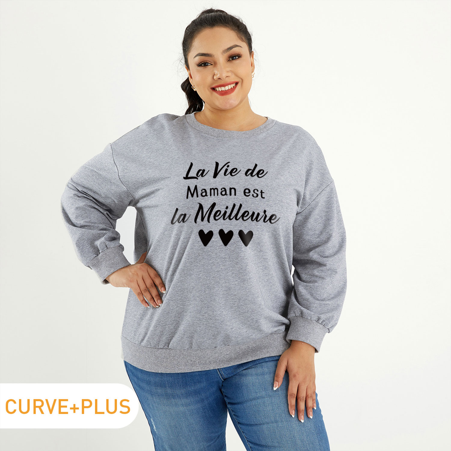 

Women Plus Size Graphic Letter and Heart-shaped Print Round-collar Long-sleeve Pullover
