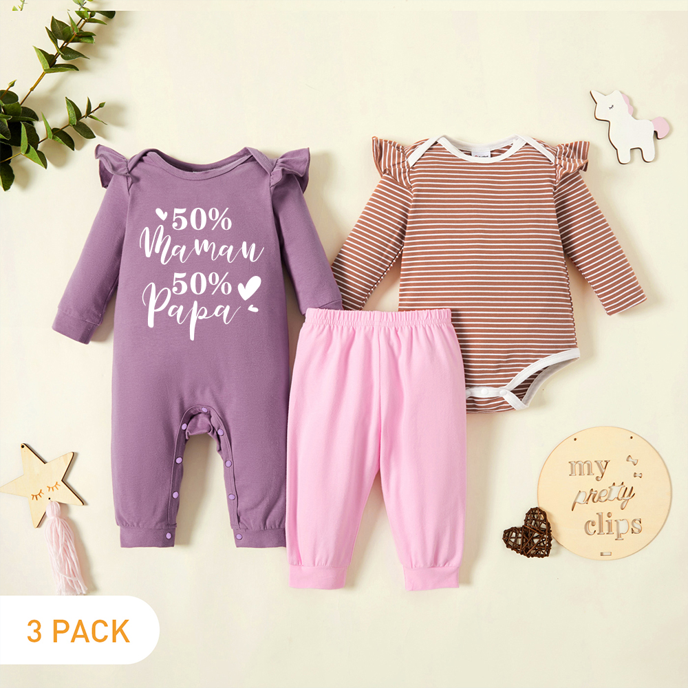 

3-Pack Baby Girl Graphic Letter and Figure and Heart-shaped Print Striped Ruffled Romper Jumpsuit Set