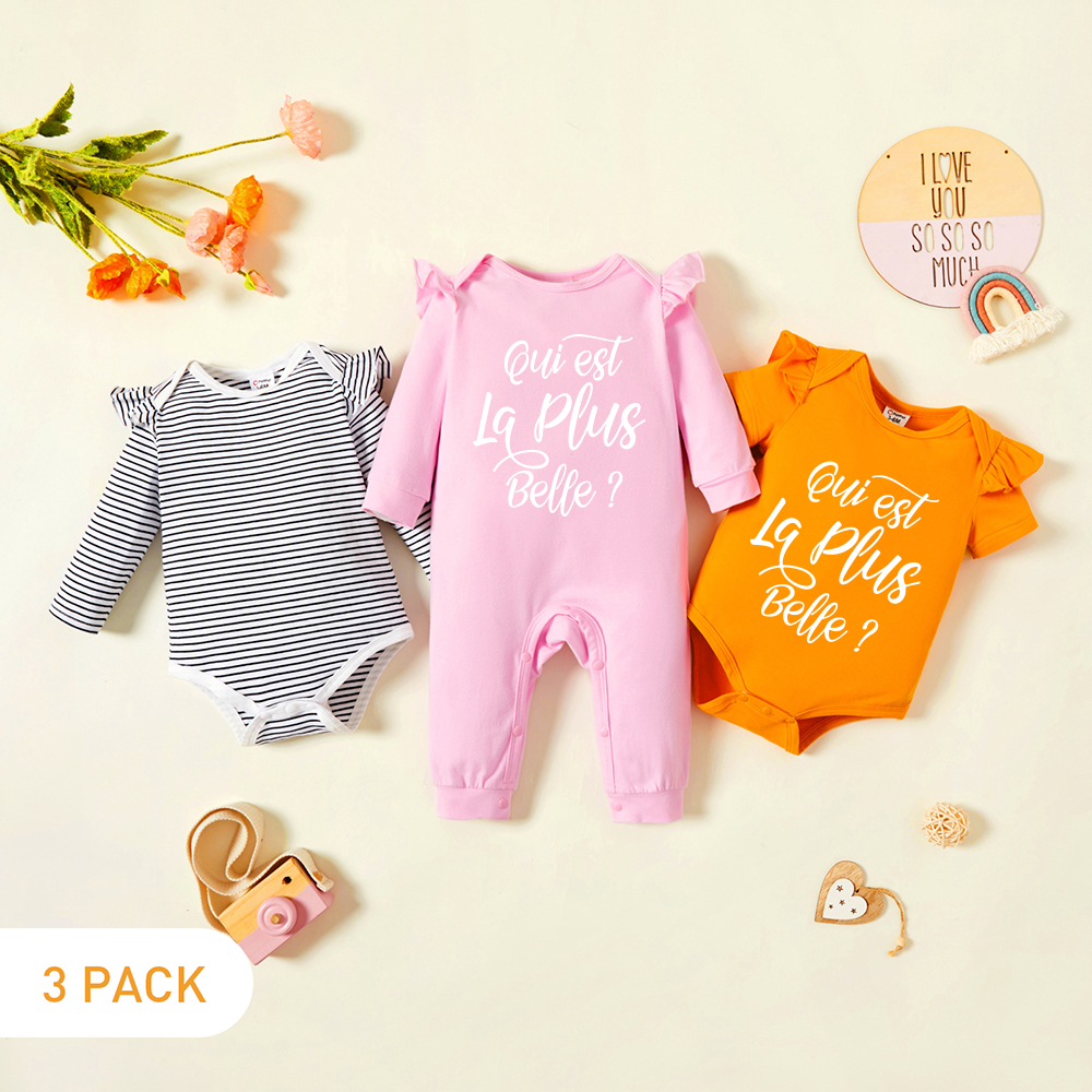 

3-Pack Baby Girl Graphic Letter Print Striped Ruffled Romper Jumpsuit Set