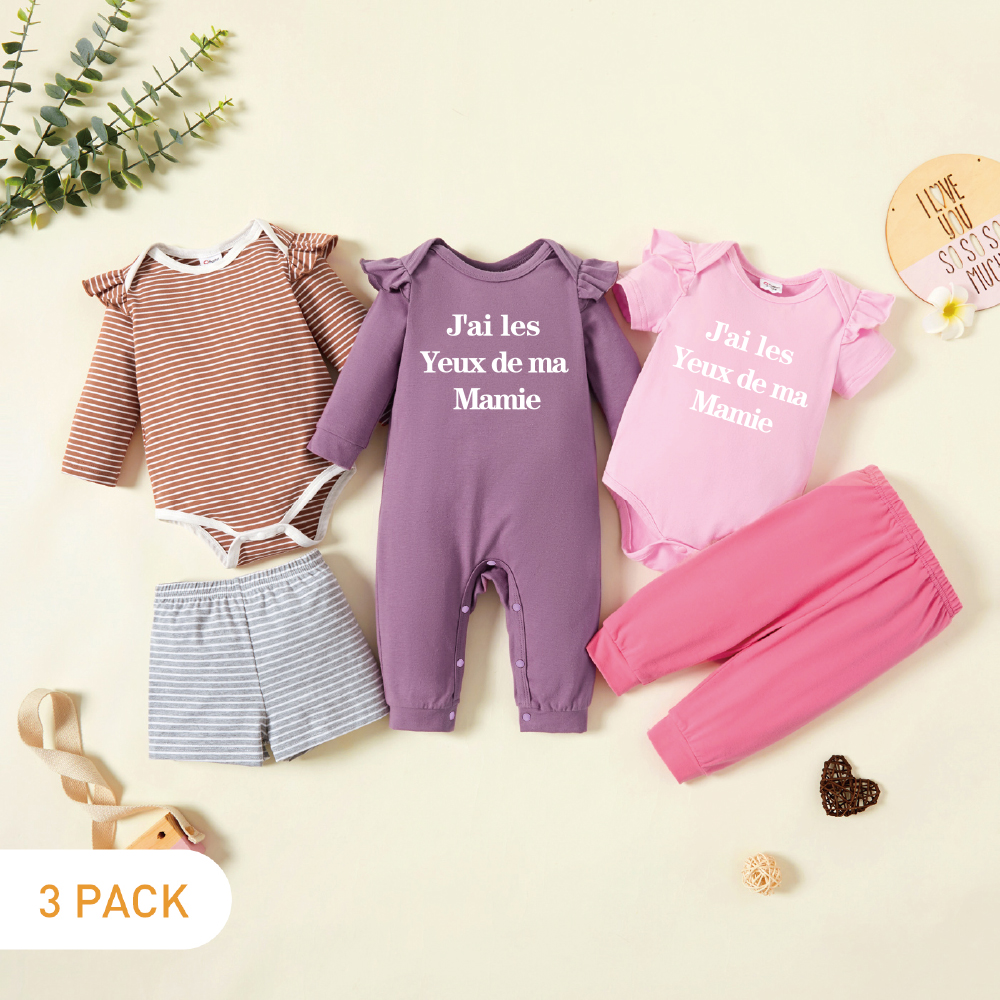 

5-Pack Baby Girl Graphic Letter Print Striped Ruffled Romper Jumpsuit Pants Set