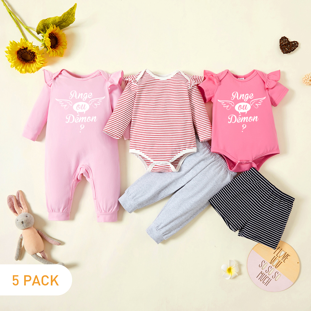 

5-Pack Baby Girl Graphic Letter and Angel Print Striped Ruffled Romper Jumpsuit Pants Set