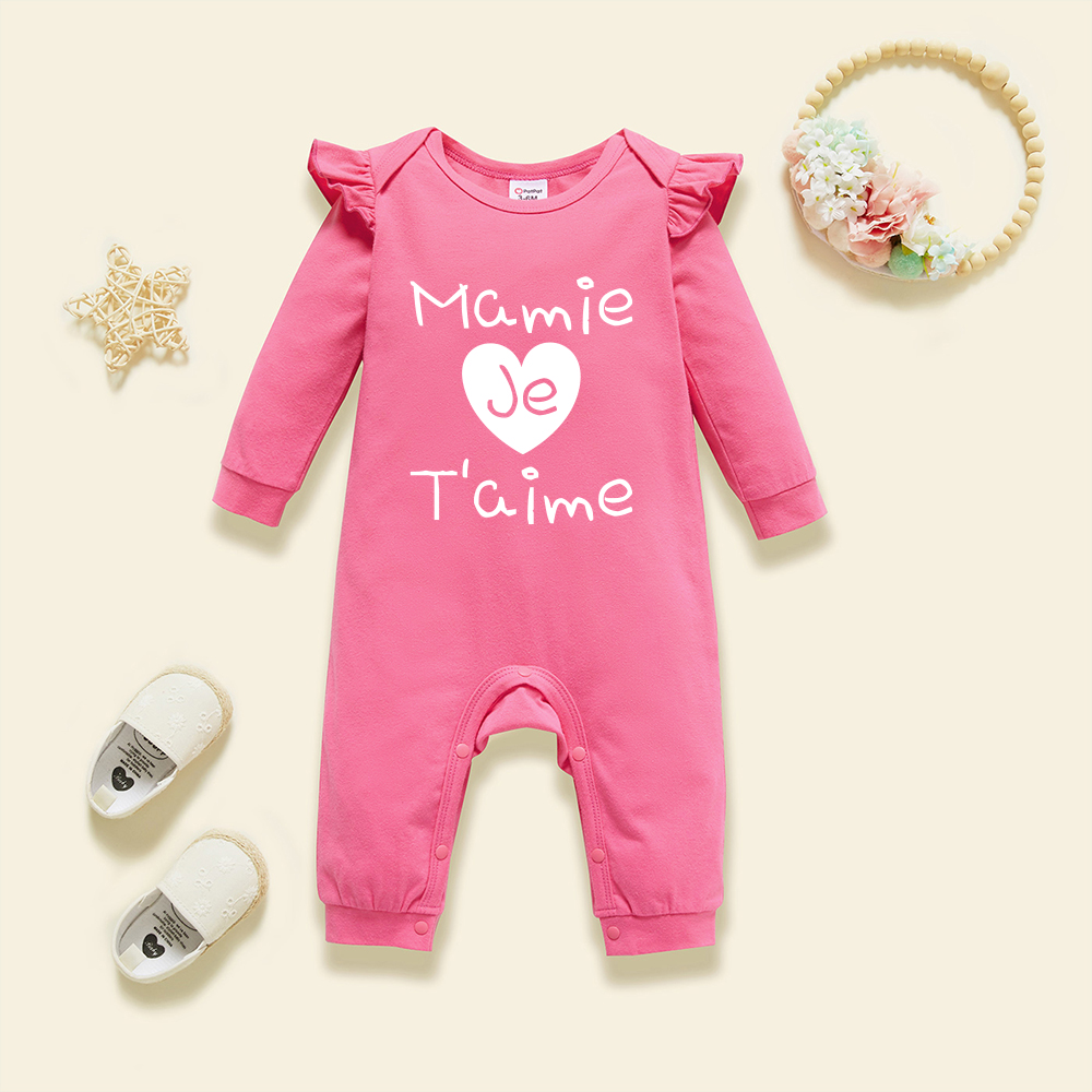 

Baby Girl Graphic Letter and Heart-shaped Print Ruffled Long-sleeve Jumpsuit