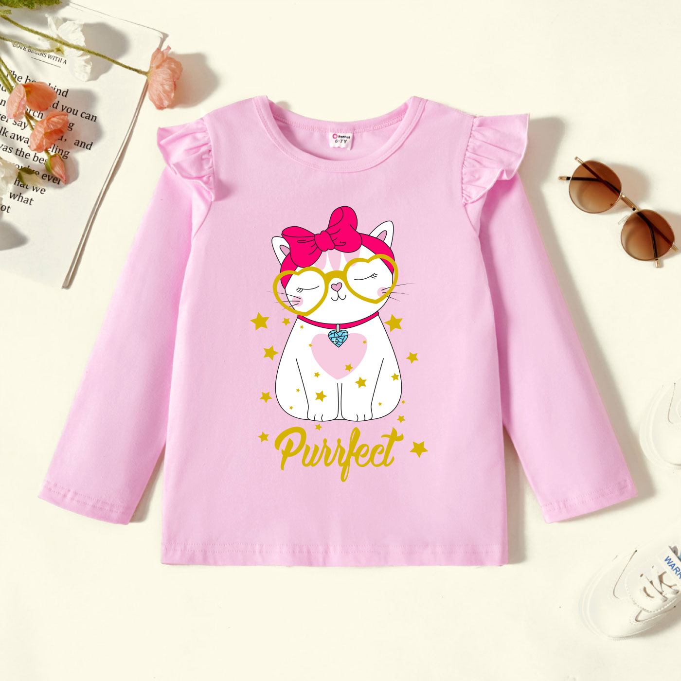 

Kid Girl Graphic Cat and Stars and Letter Print Ruffled Long-sleeve Tee