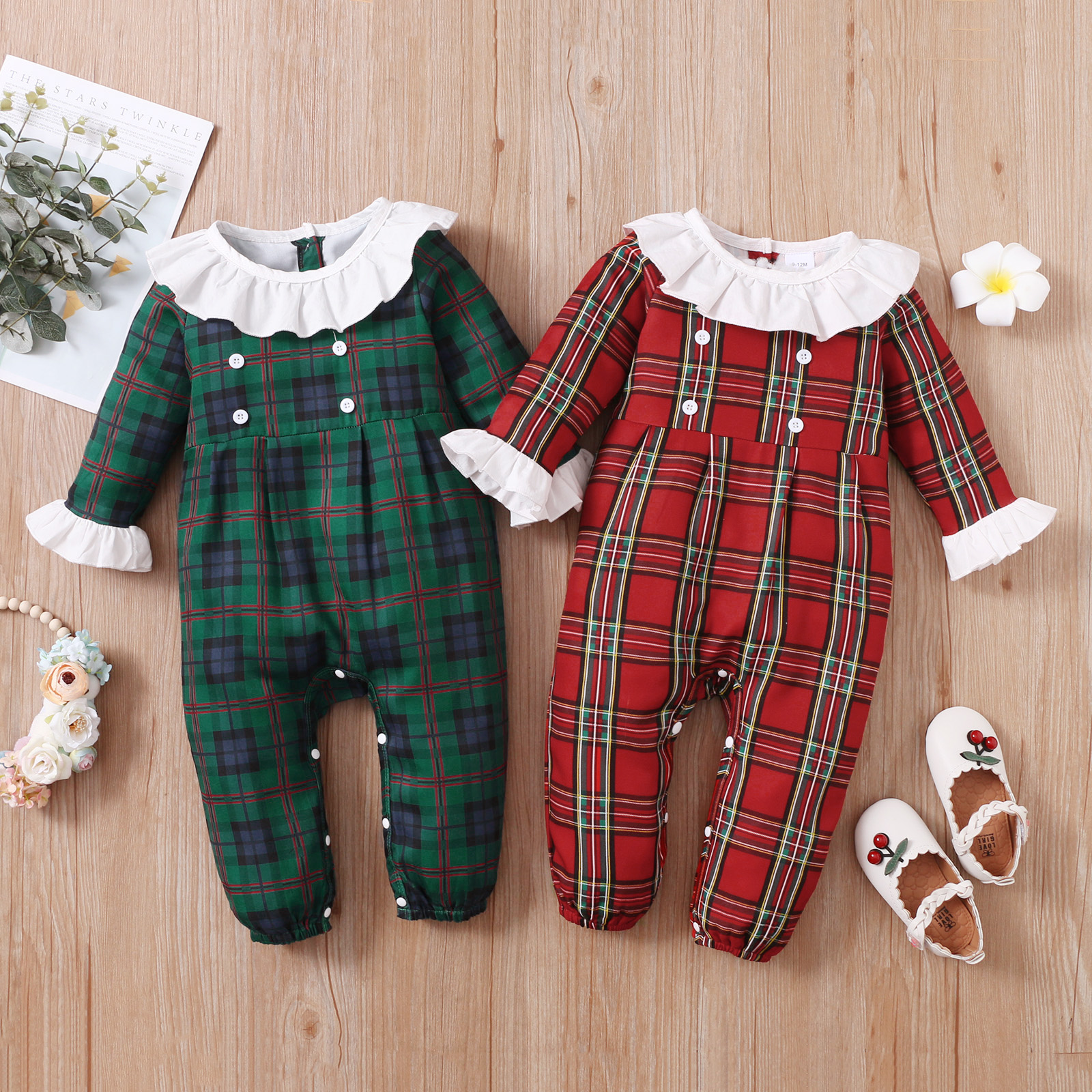 

Christmas Ruffle Splicing Plaid Long-sleeve Baby Girl Jumpsuit