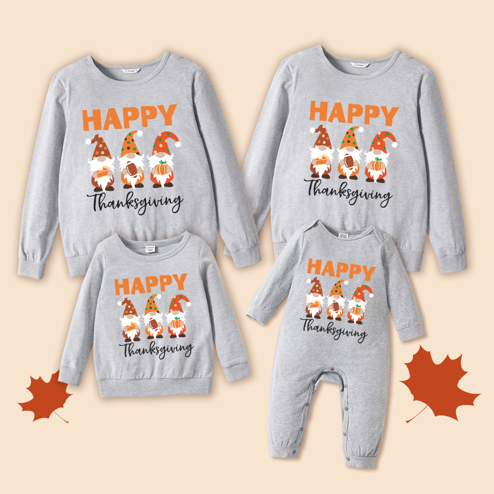 

Thanksgiving Gnome and Letter Print Grey Family Matching 100% Cotton Long-sleeve Sweatshirts
