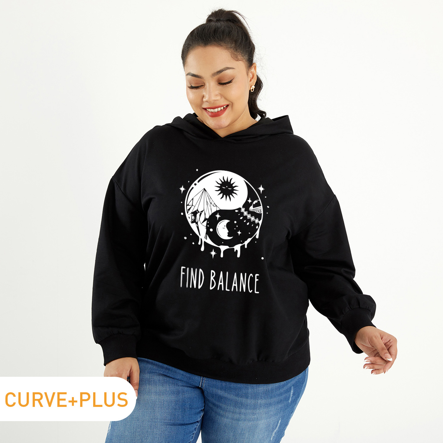 

Women Plus Size Graphic Letter and Galaxy Print Long-sleeve Hooded Pullover