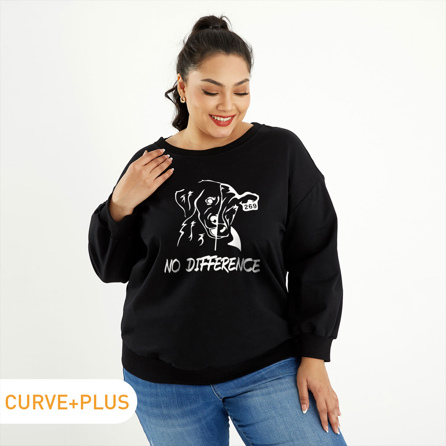 

Women Plus Size Graphic Letter and Animal Print Round Neck Long-sleeve Pullover