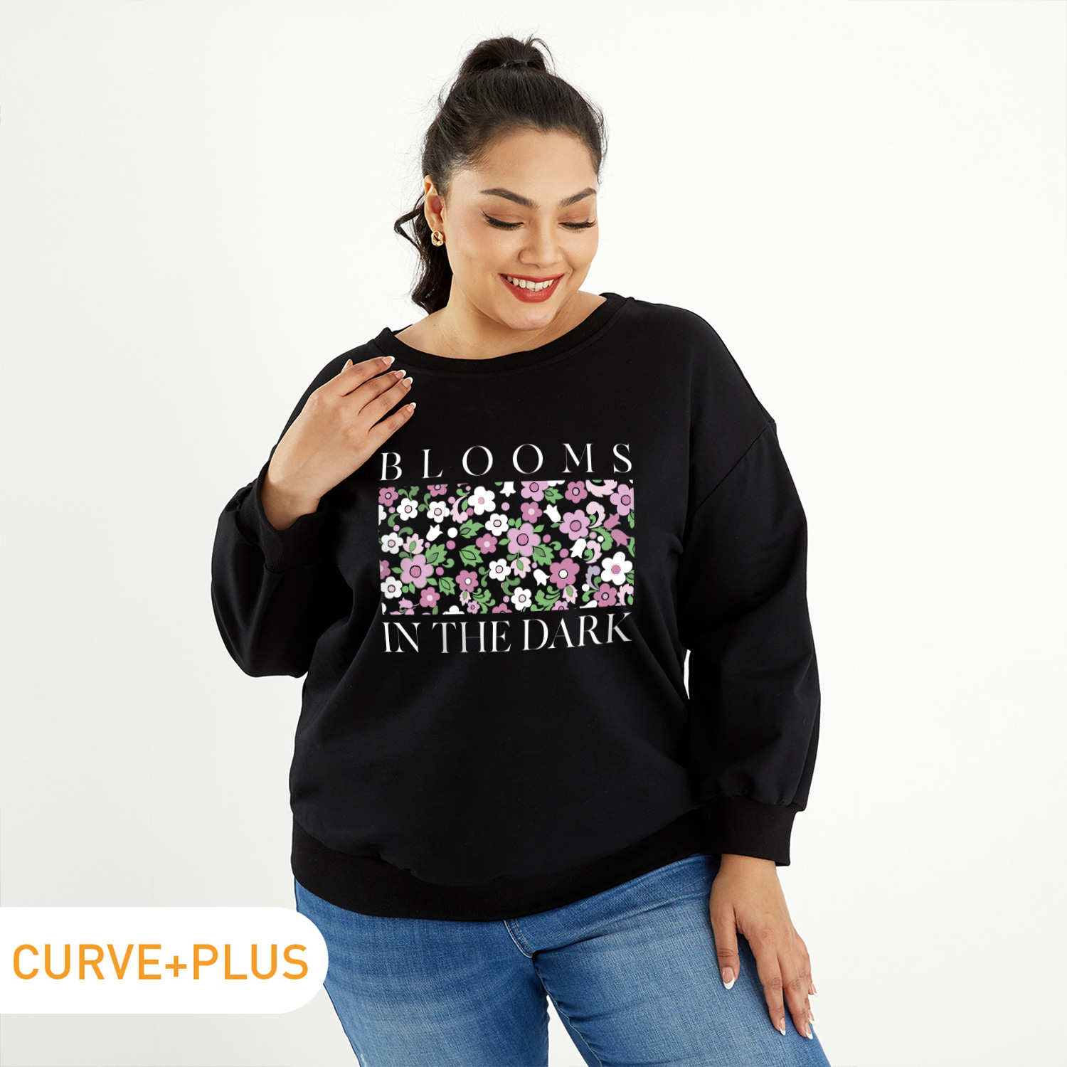 

Women Plus Size Graphic Letter and Floral Print Round Neck Long-sleeve Pullover