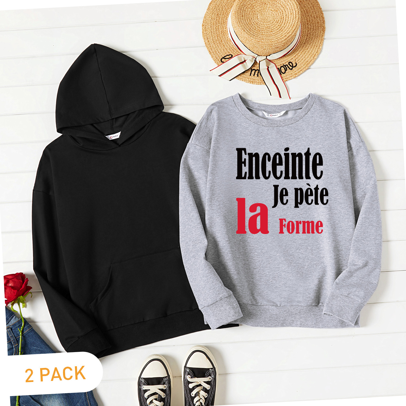 

2-Pack Women Graphic Letter Print Long-sleeve Pullover & Hooded Pullover Set