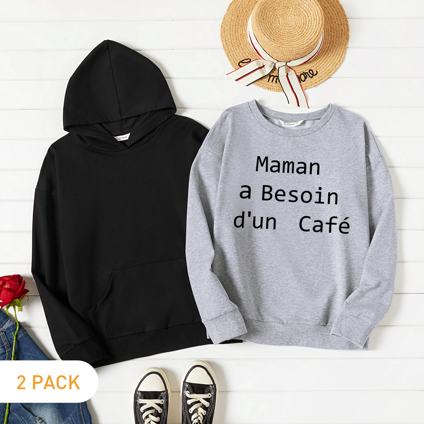 

2-Pack Women Graphic Letter Print Long-sleeve Pullover & Hooded Pullover Set