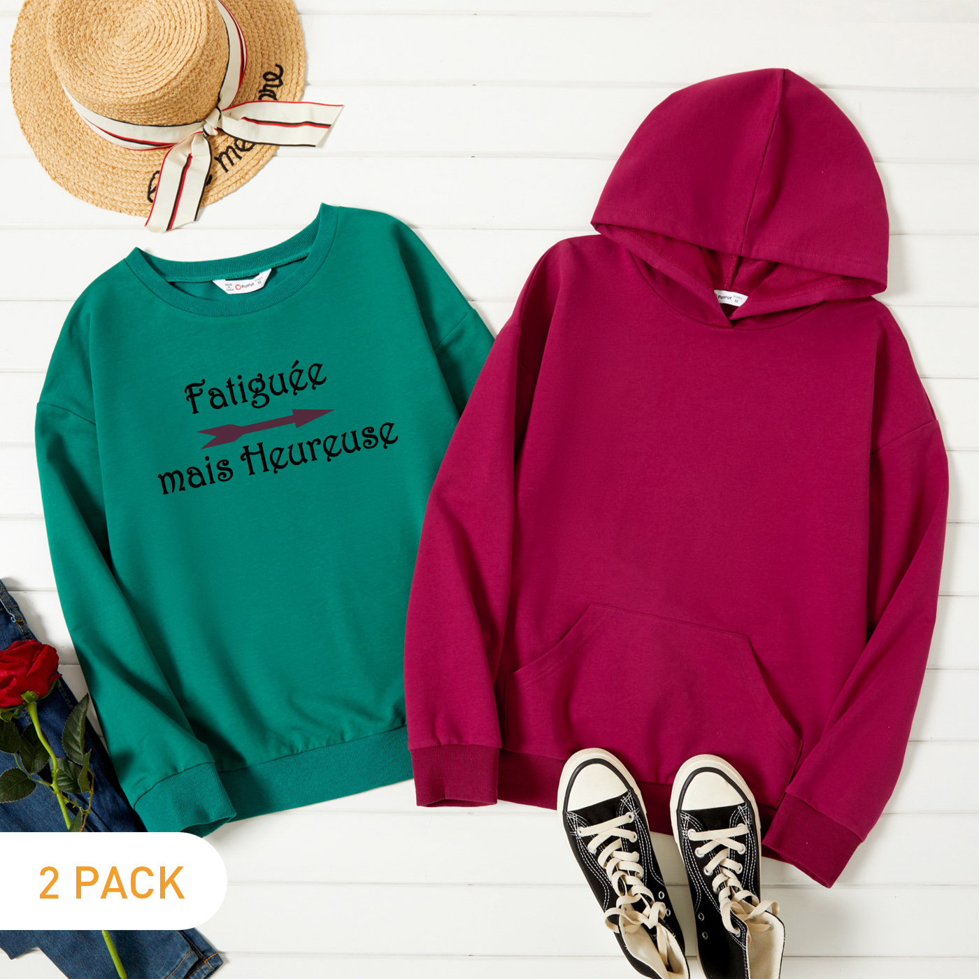 

2-Pack Women Graphic Letter Print Long-sleeve Pullover & Hooded Pullover Set