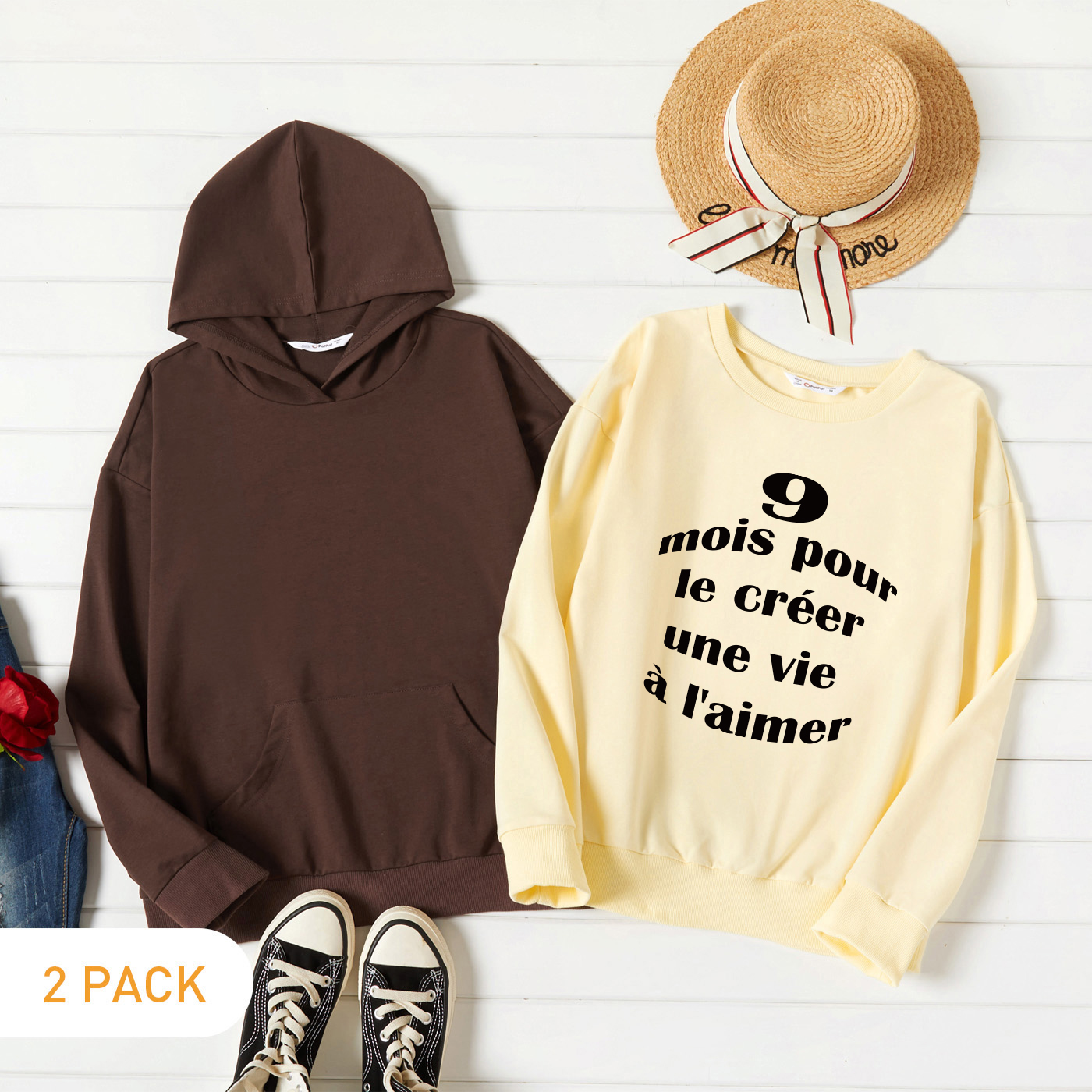 

2-Pack Women Graphic Letter and Figure Print Long-sleeve Pullover & Hooded Pullover Set