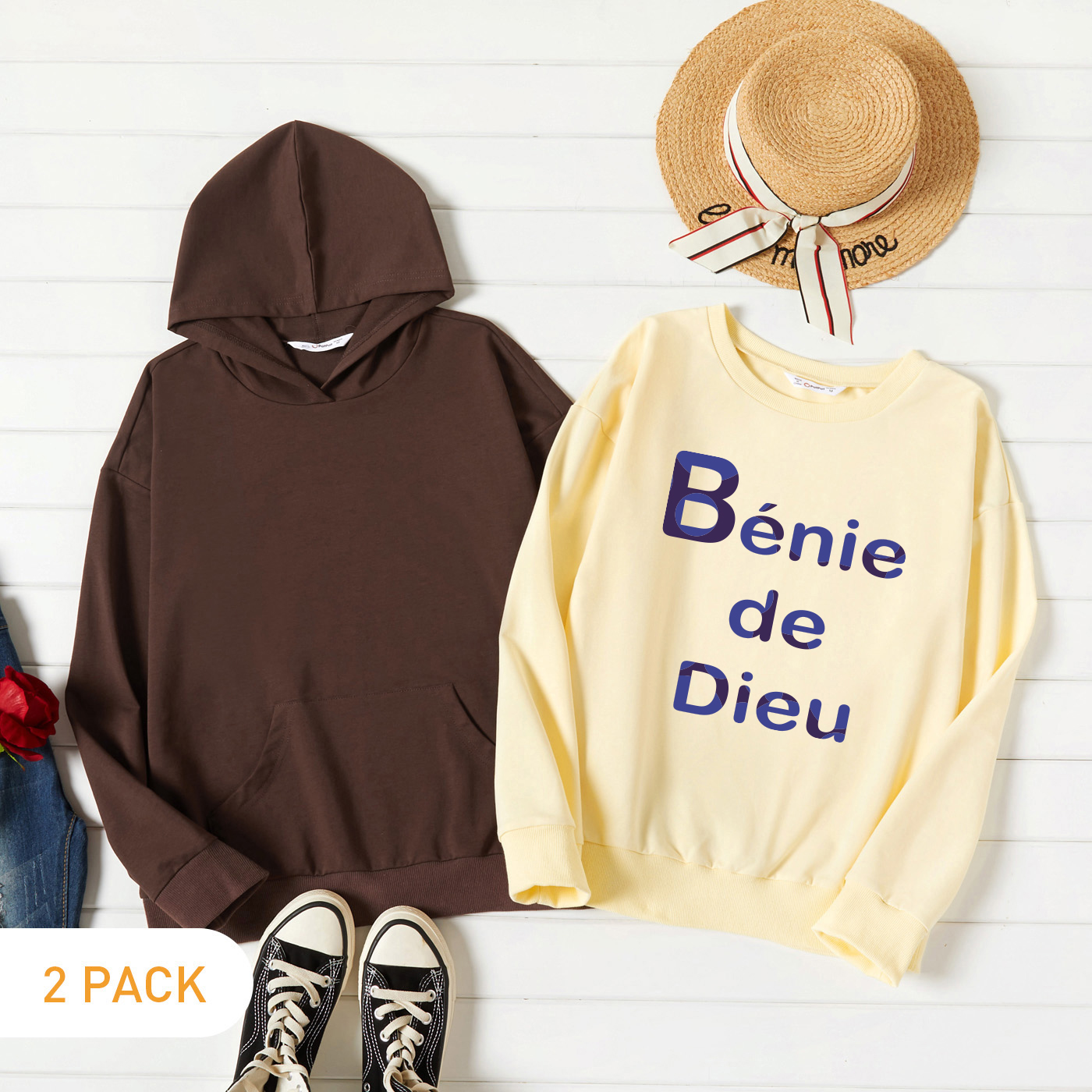 

2-Pack Women Graphic Letter Print Long-sleeve Pullover & Hooded Pullover Set