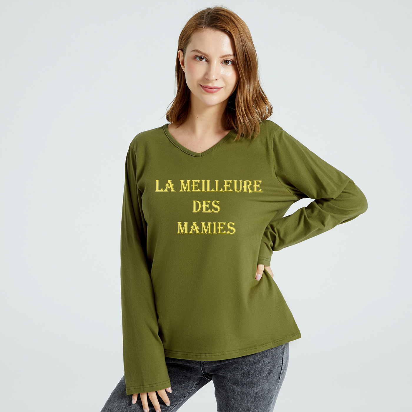 

Women Graphic Letter Print V Neck Long-sleeve Tee