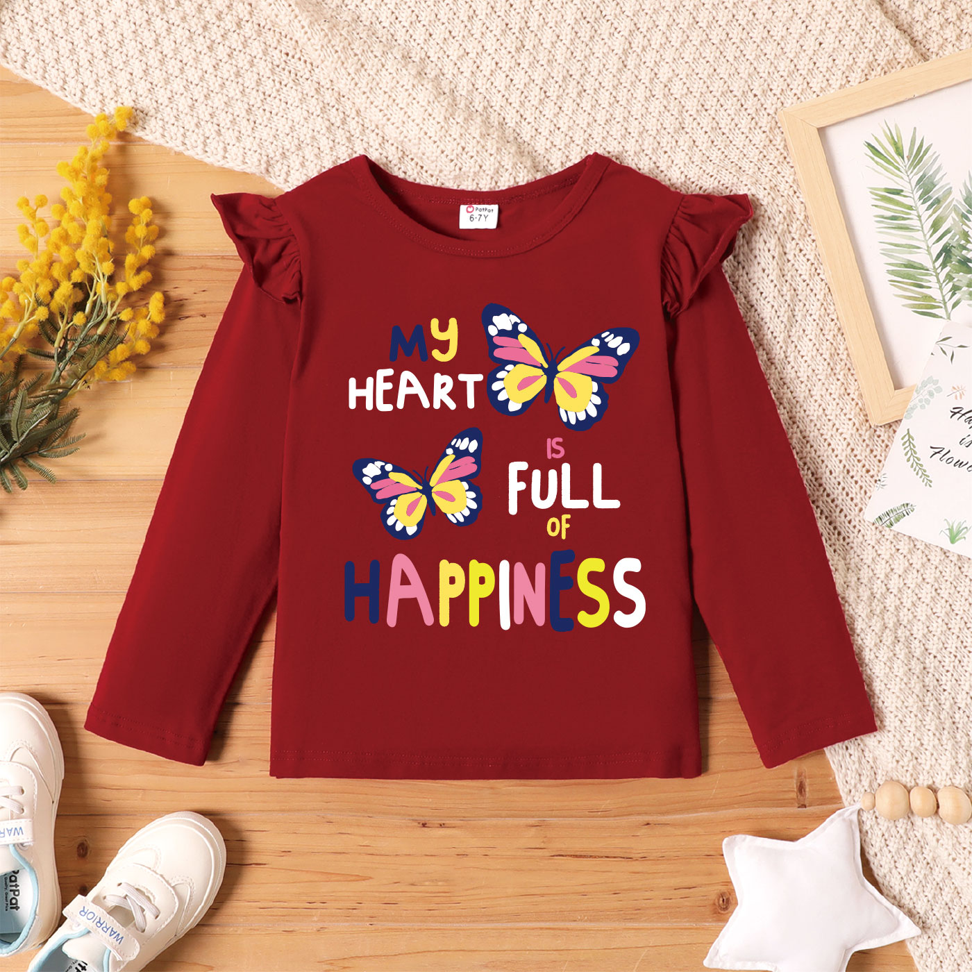 

Kid Girl Graphic Letter and Butterfly Print Ruffled Long-sleeve Tee