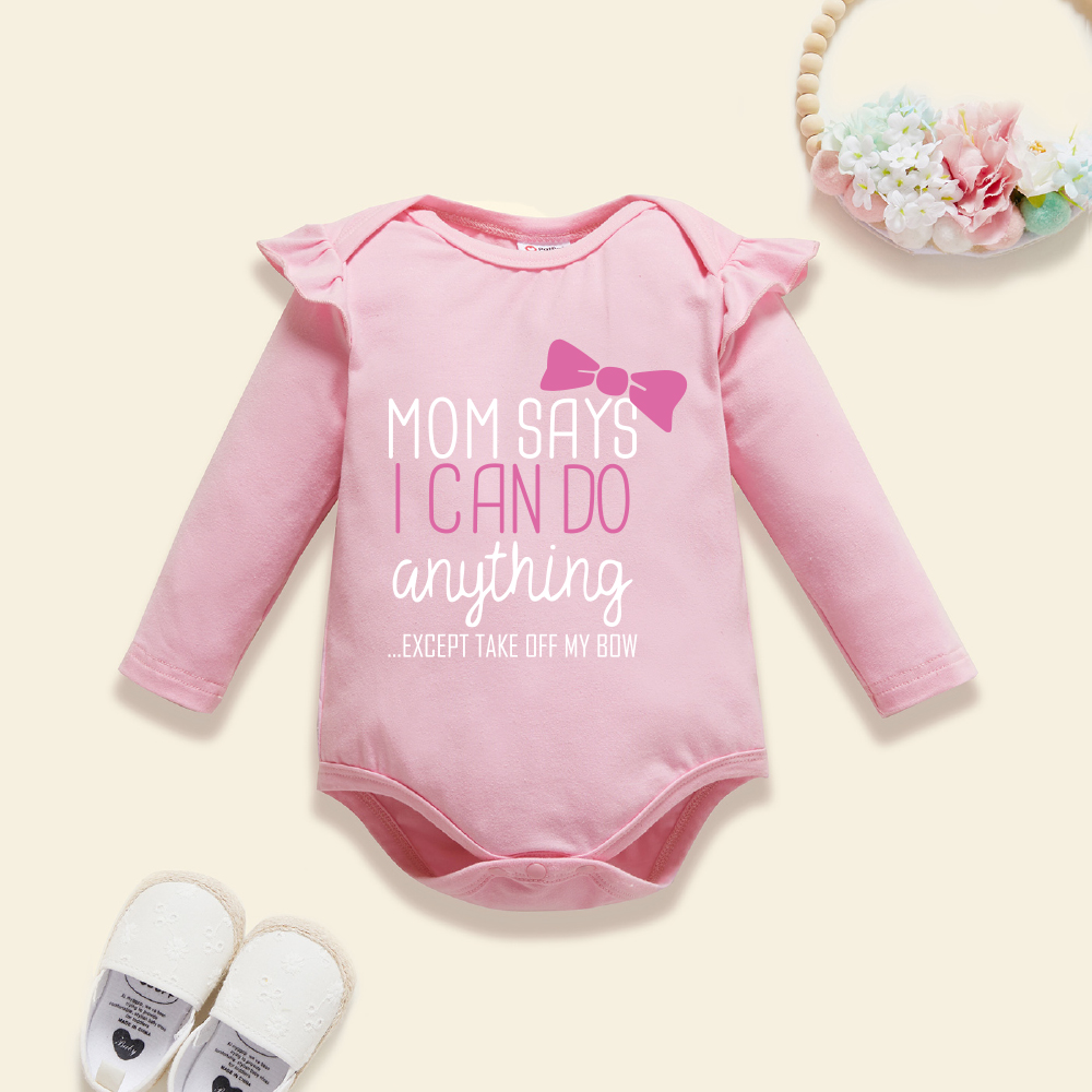 

Baby Girl Graphic Letter and Bowknot Print Ruffled Long-sleeve Romper