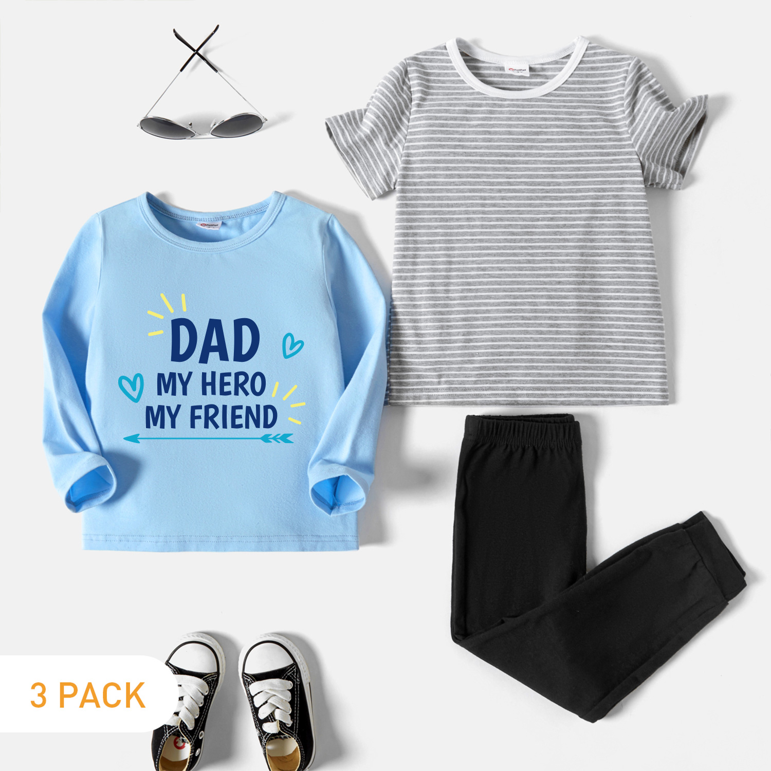 

3-Pack Toddler Graphics Heart-shaped and Letter Print Long-sleeve Tee & Striped Short-sleeve Tee & Pants Set