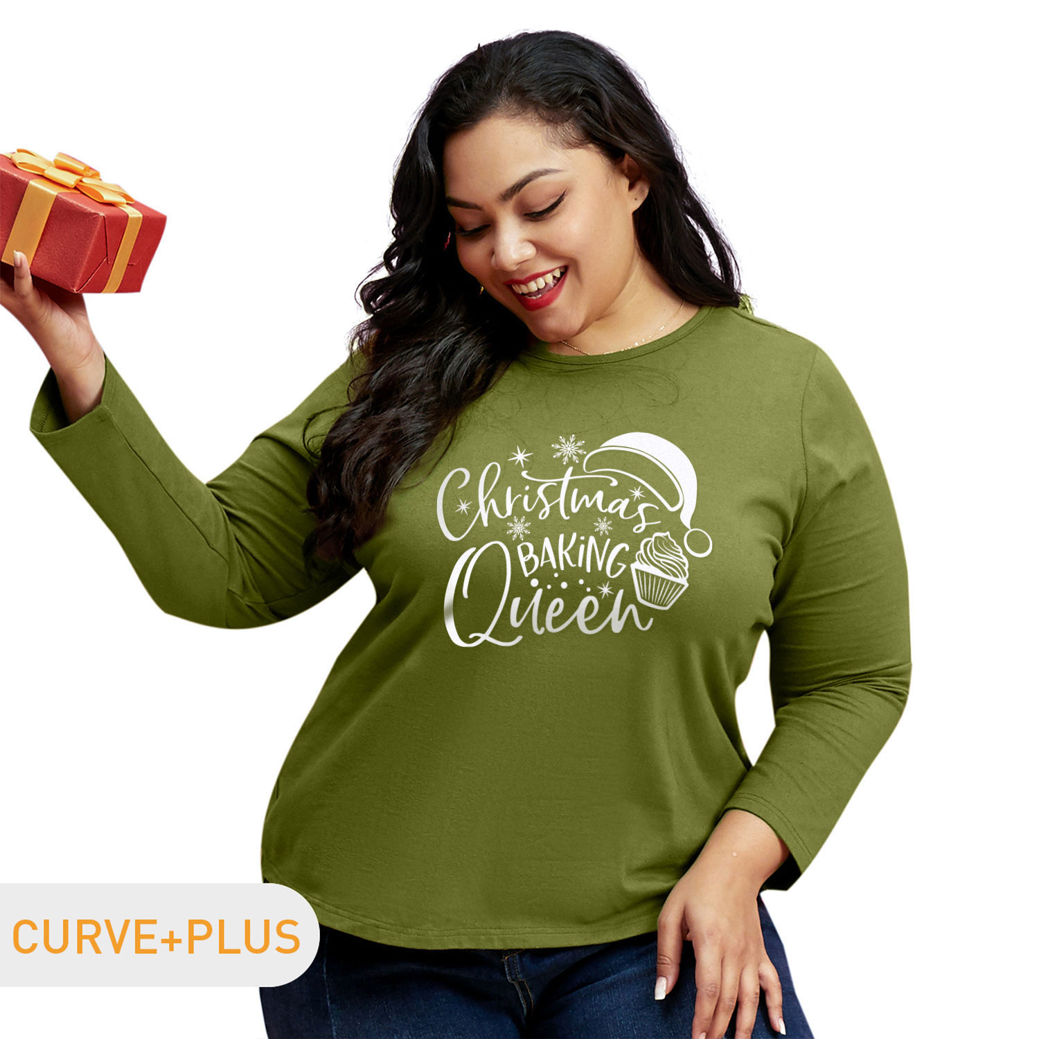 

Christmas Women Plus Size Graphic Letter and Snowflake and Cake Print Round Neck Long-sleeve Tee