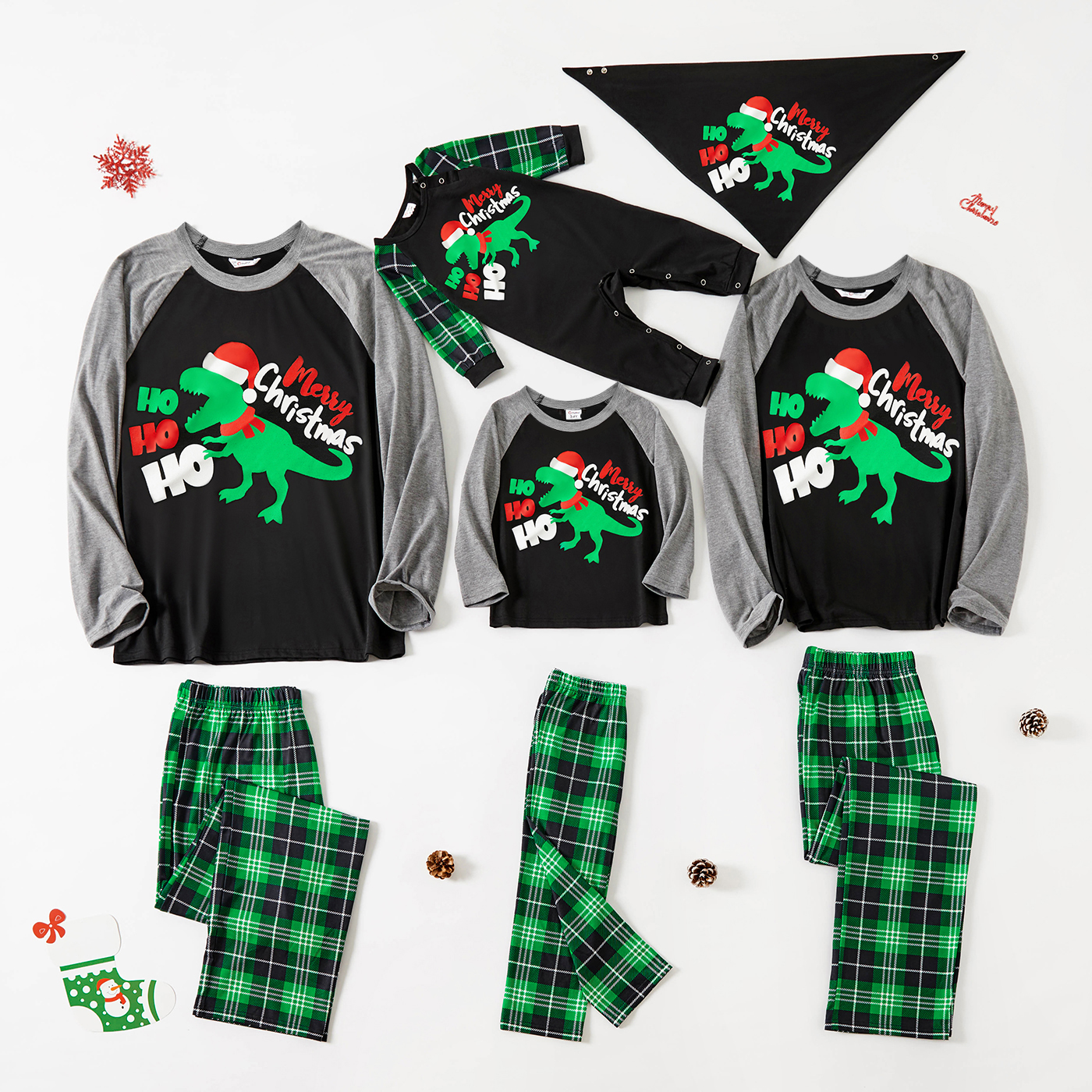 

Family Matching Christmas Dinosaur and Green Plaid Print Long-sleeve Pajamas Sets (Flame Resistant)