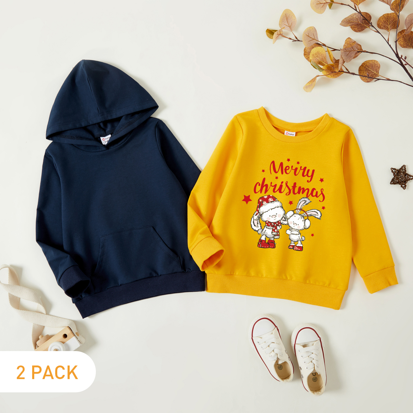 

Christmas 2-Pack Toddler Graphic Rabbit and Letter and Stars Print Long-sleeve Pullover & Hooded Pullover Set