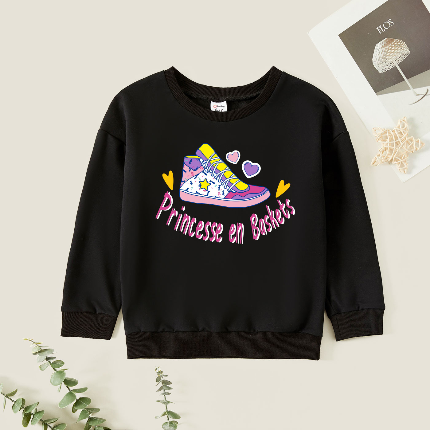 

Kid Girl Graphic Letter and Shoes and Heart-shaped Print Long-sleeve Pullover