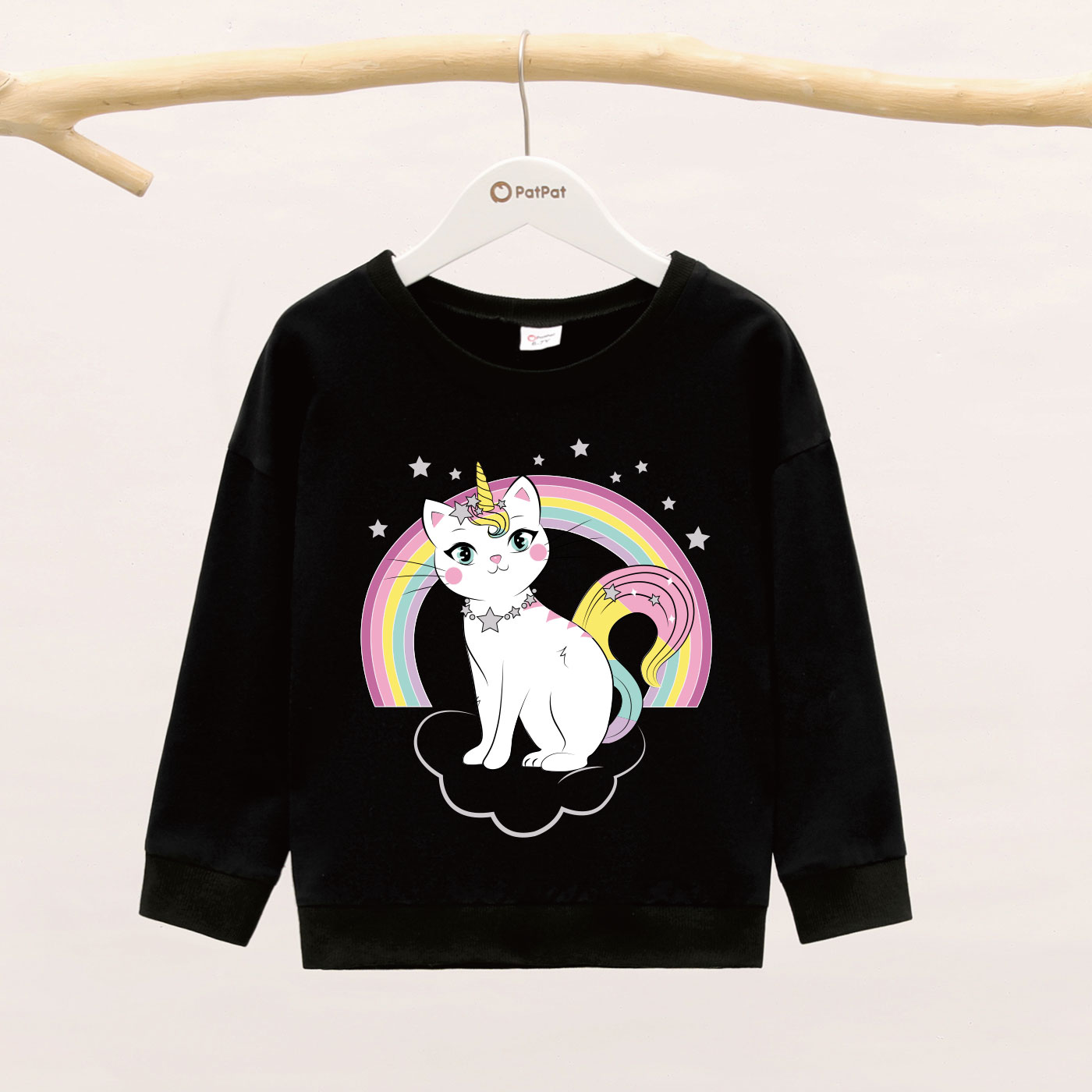 

Kid Girl Graphic Cat and Rainbow and Stars Print Long-sleeve Pullover