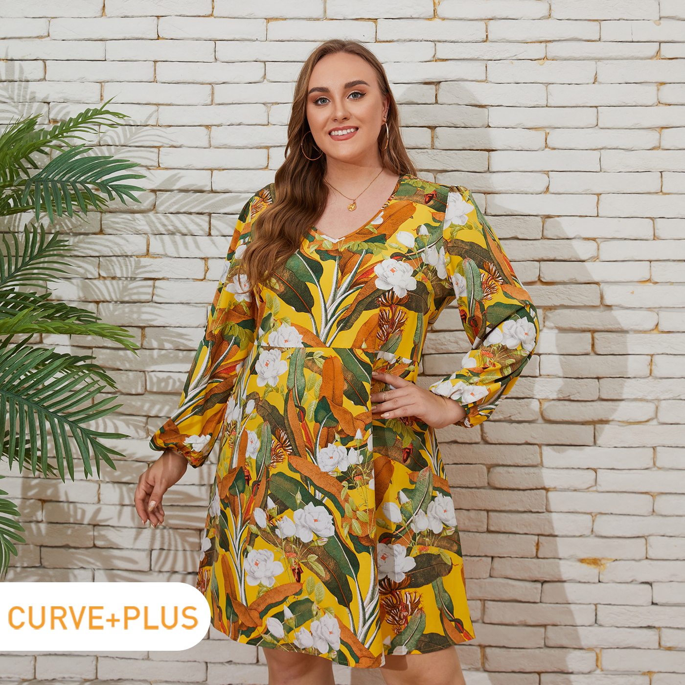 

Women Plus Size Vacation Floral Print V Neck Long-sleeve Dress