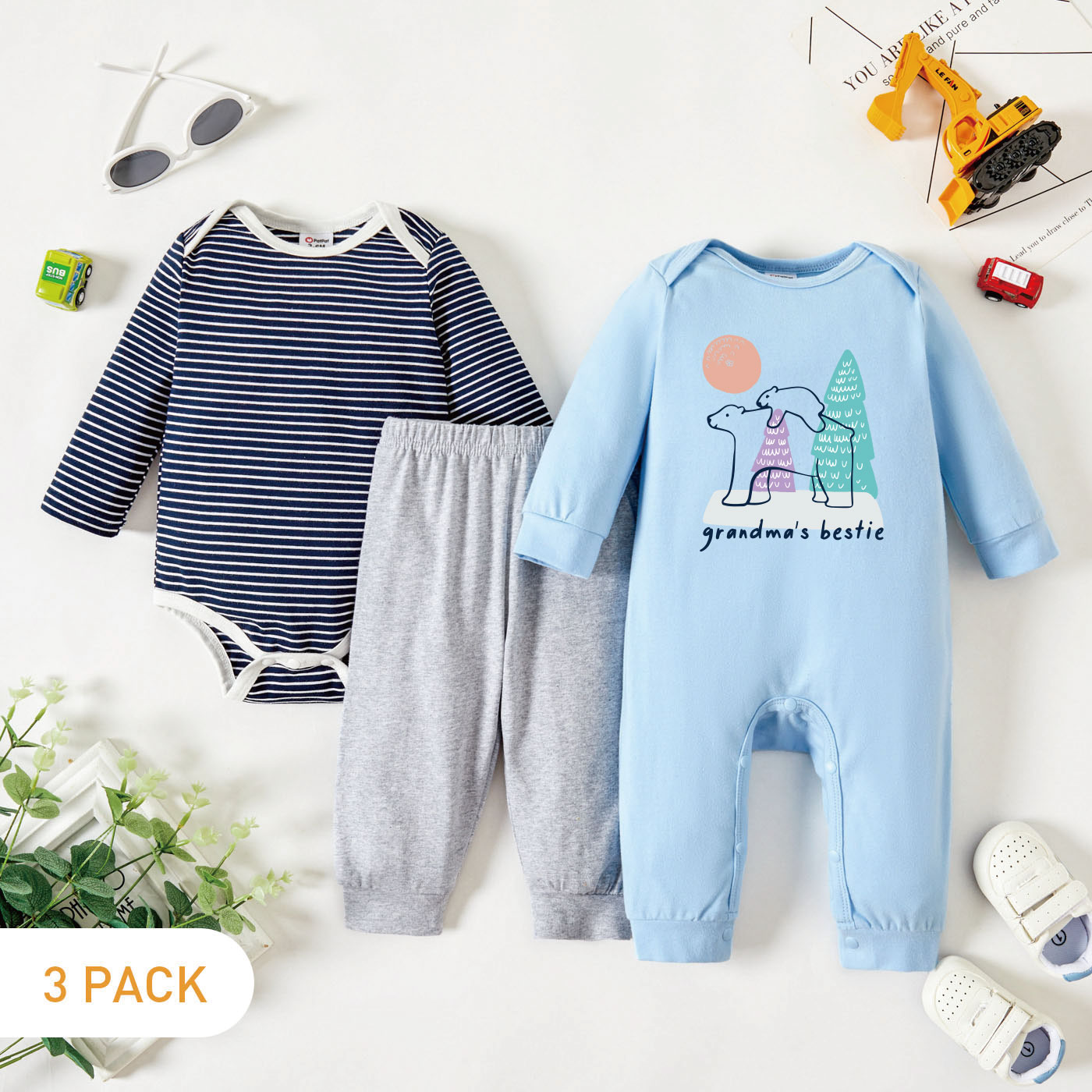 

3-Pack Baby Graphic Letter and Tree and Bear Print Long-sleeve Jumpsuit & Striped Long-sleeve Romper & Pants Set