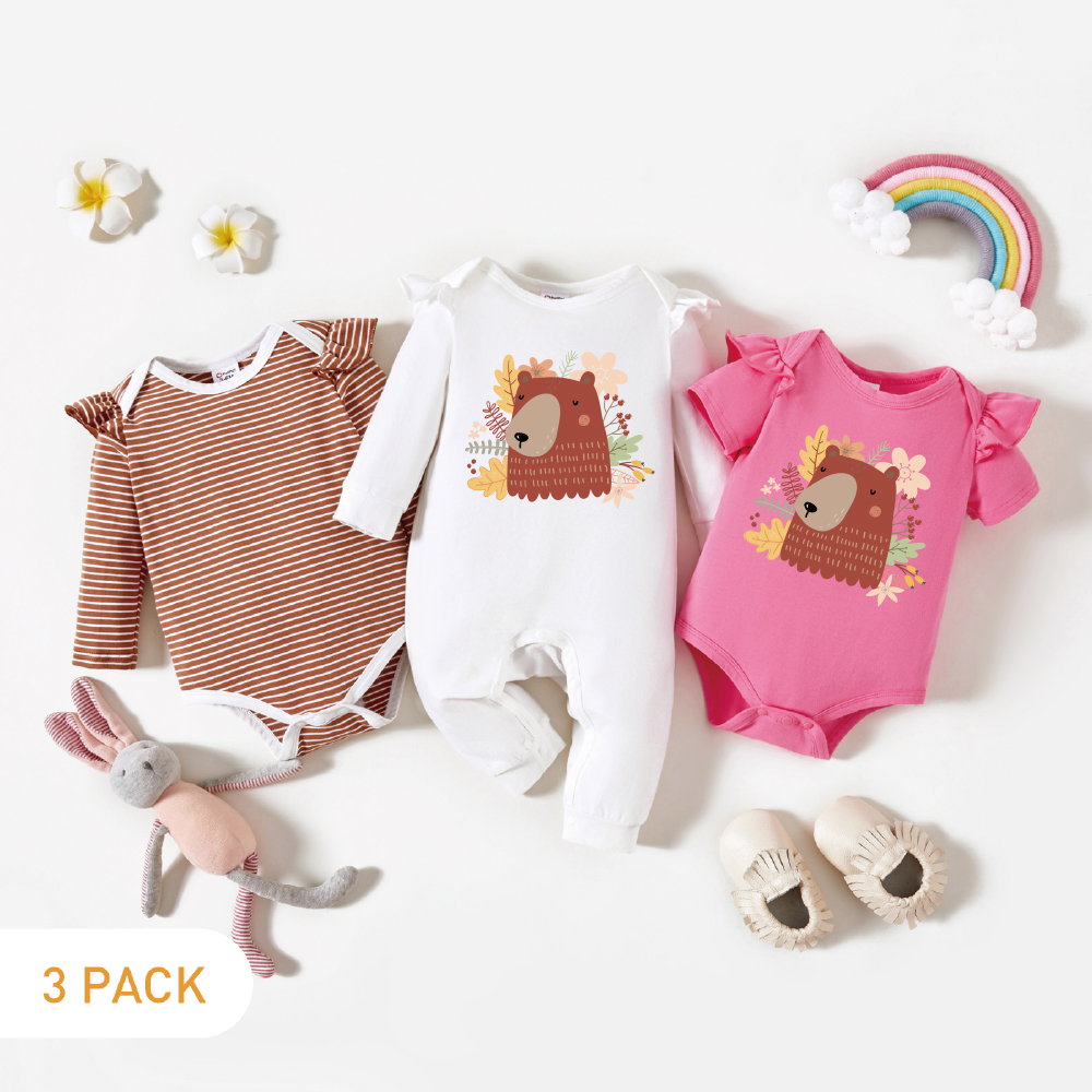 

3-Pack Baby Girl Graphic Bear and Floral Print Striped Ruffled Romper Jumpsuit Set