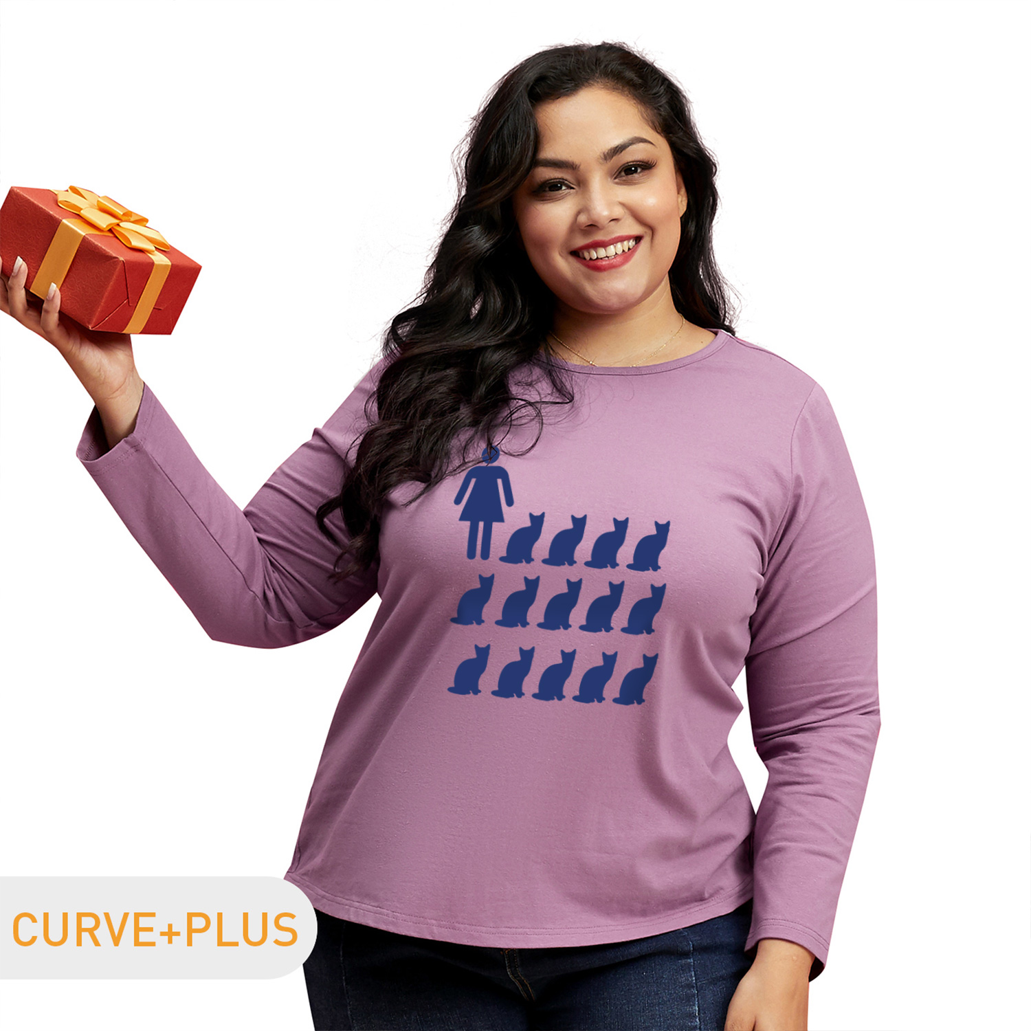 

Women Plus Size Graphic Cat and Lady Print Round Neck Long-sleeve Tee