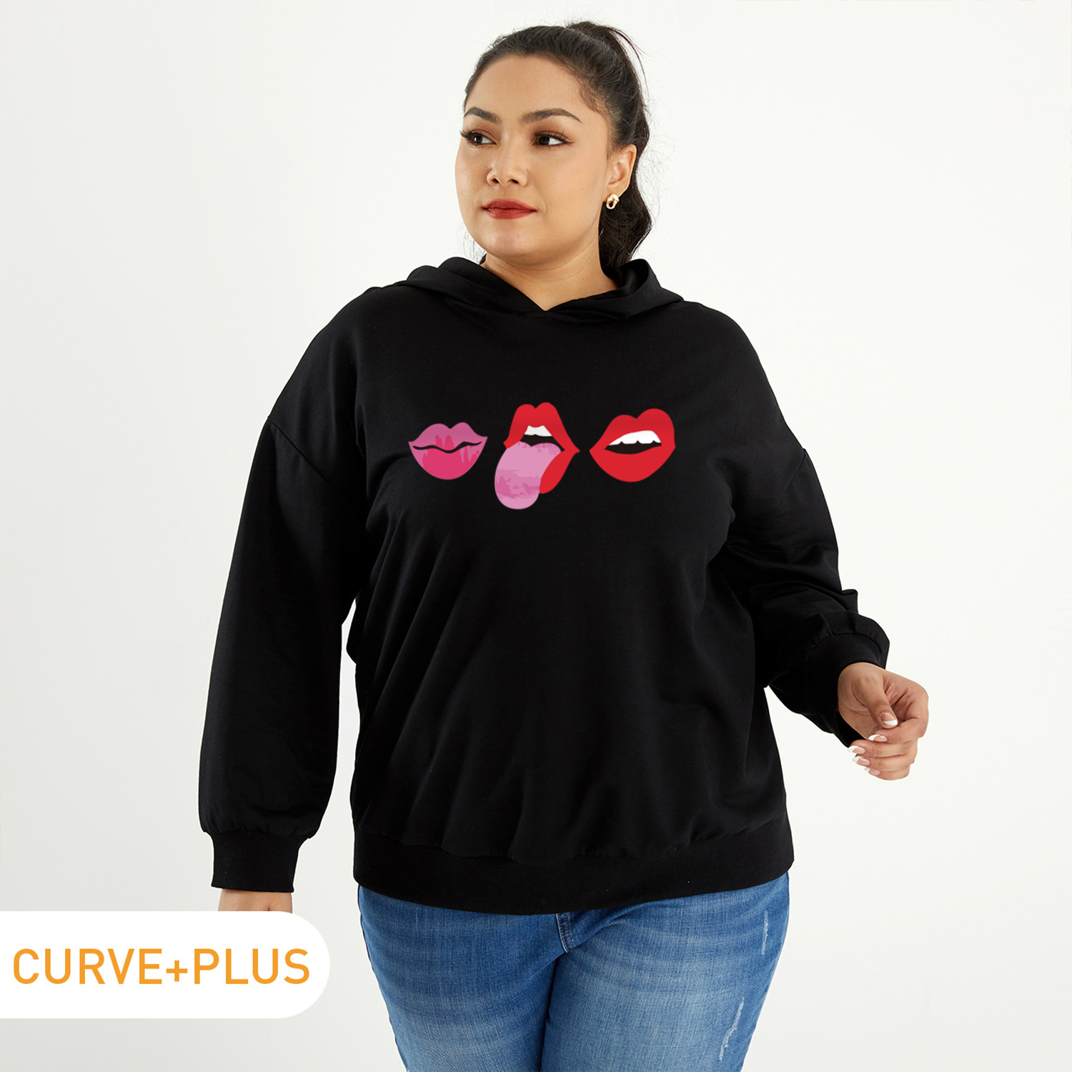 

Women Plus Size Graphic Mouth Print Long-sleeve Hooded Pullover