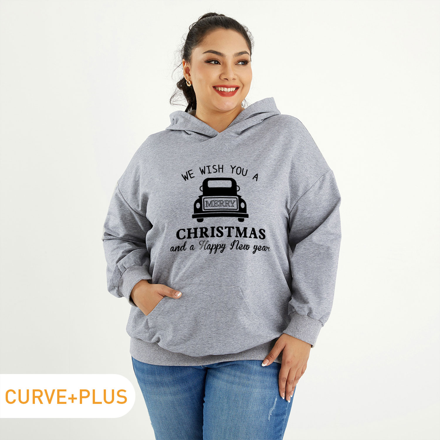 

Christmas Women Plus Size Graphic Letter and Car Print Long-sleeve Hooded Pullover