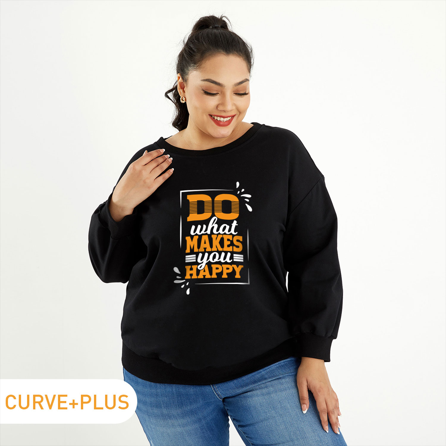 

Women Plus Size Graphic Letter Print Round Neck Long-sleeve Pullover