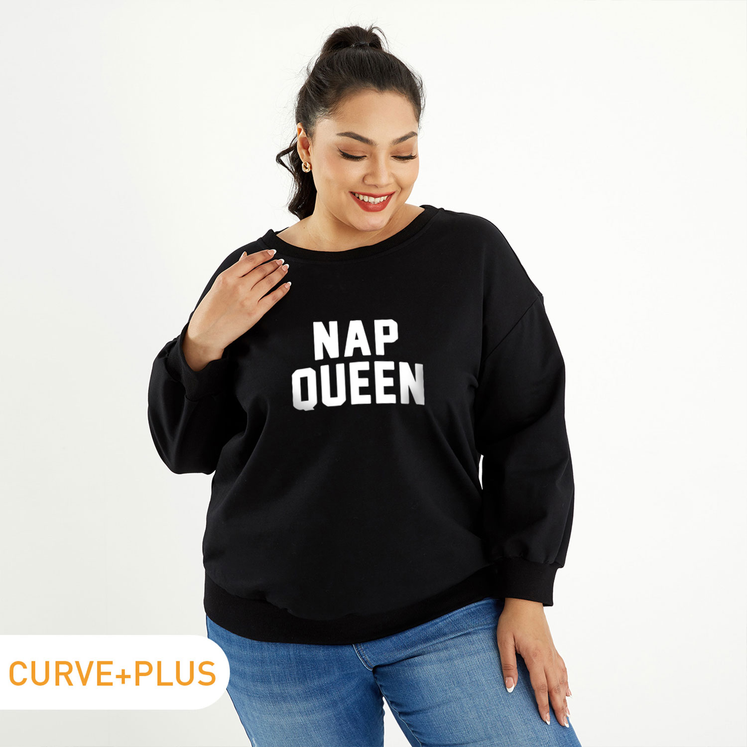 

Women Plus Size Graphic Letter Print Round Neck Long-sleeve Pullover