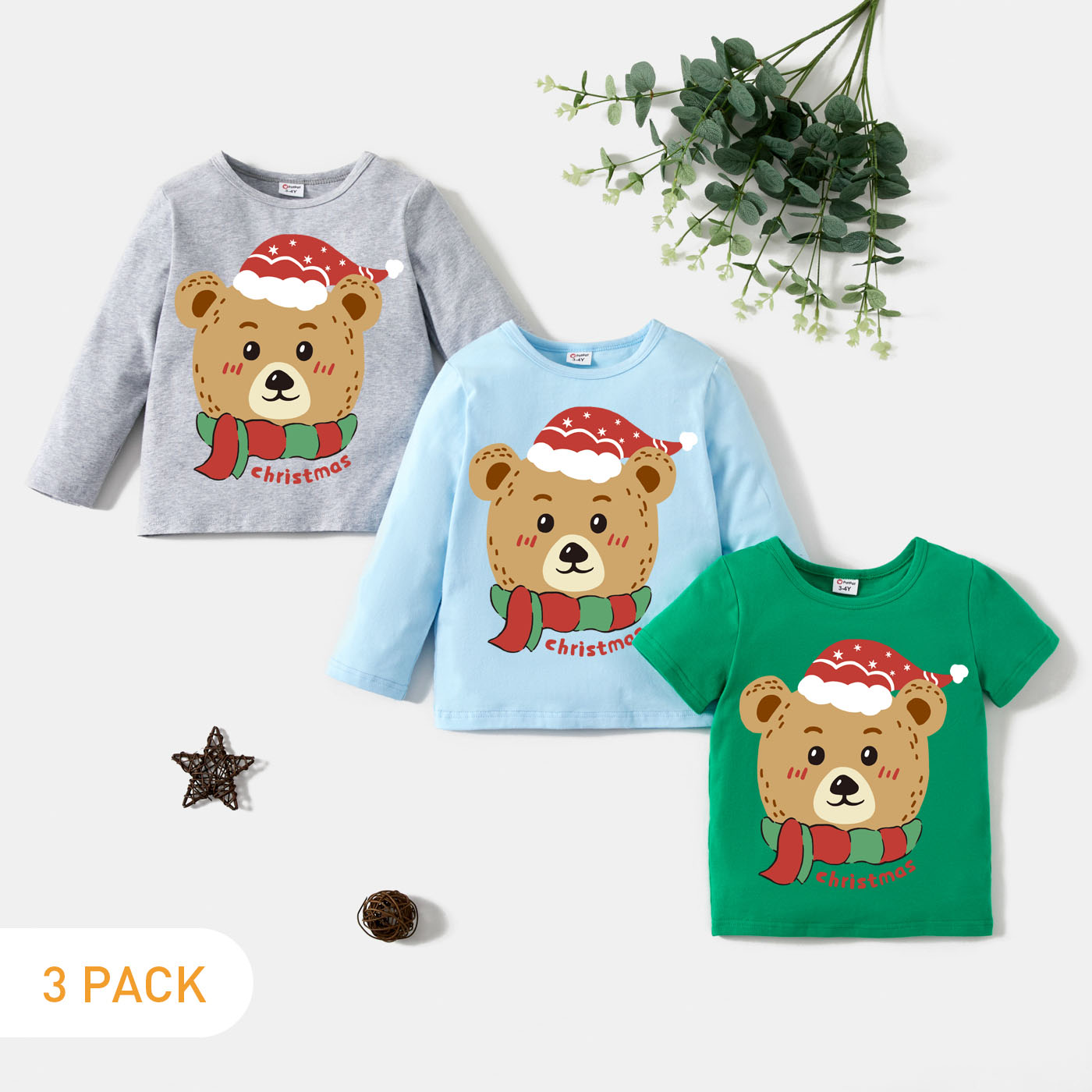 

Christmas 3-Pack Toddler Graphic Bear and Letter Print Long-sleeve & Short-sleeve Tee Set