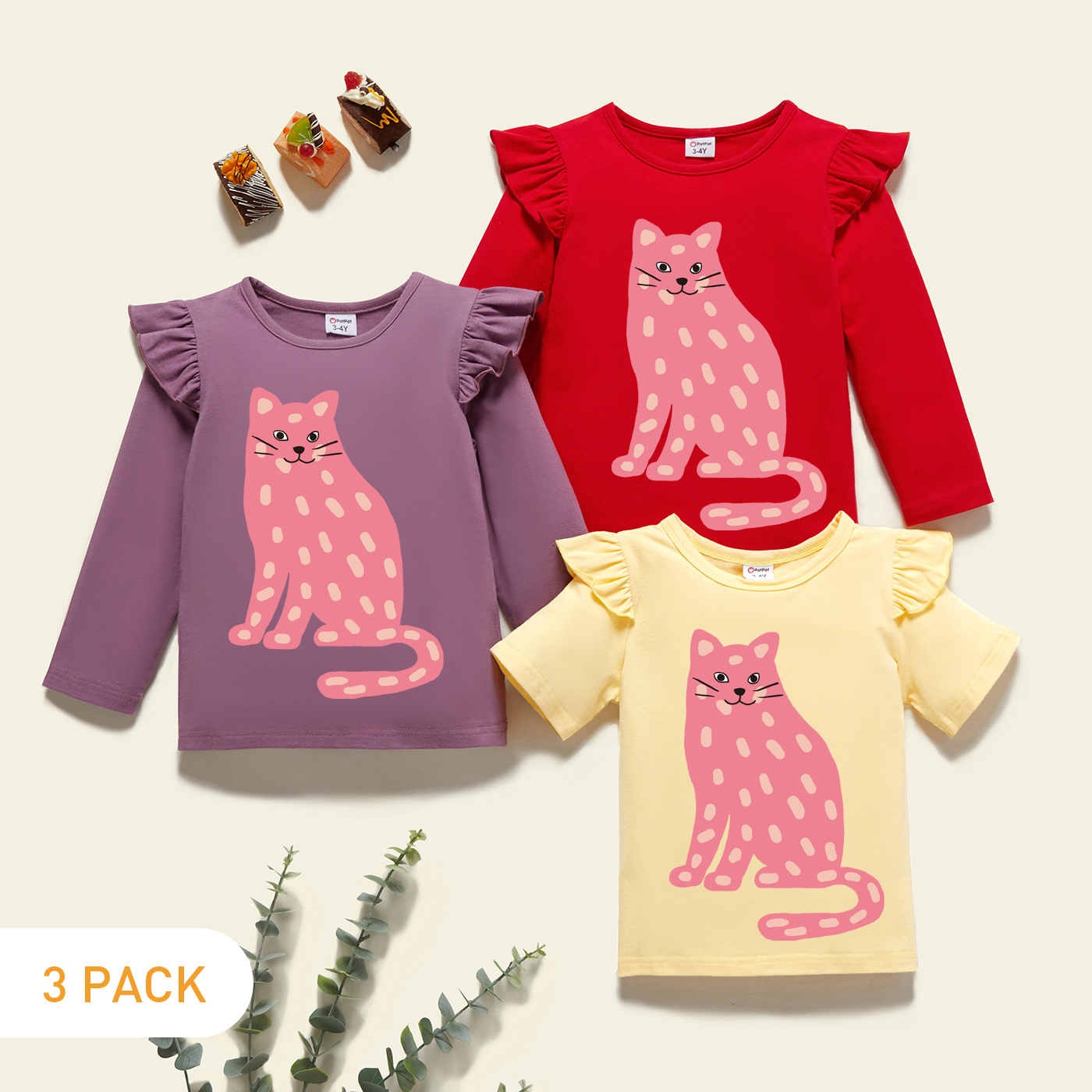 

3-Pack Toddler Girl Graphic Cat Print Ruffled Long-sleeve & Short-sleeve Tee Set