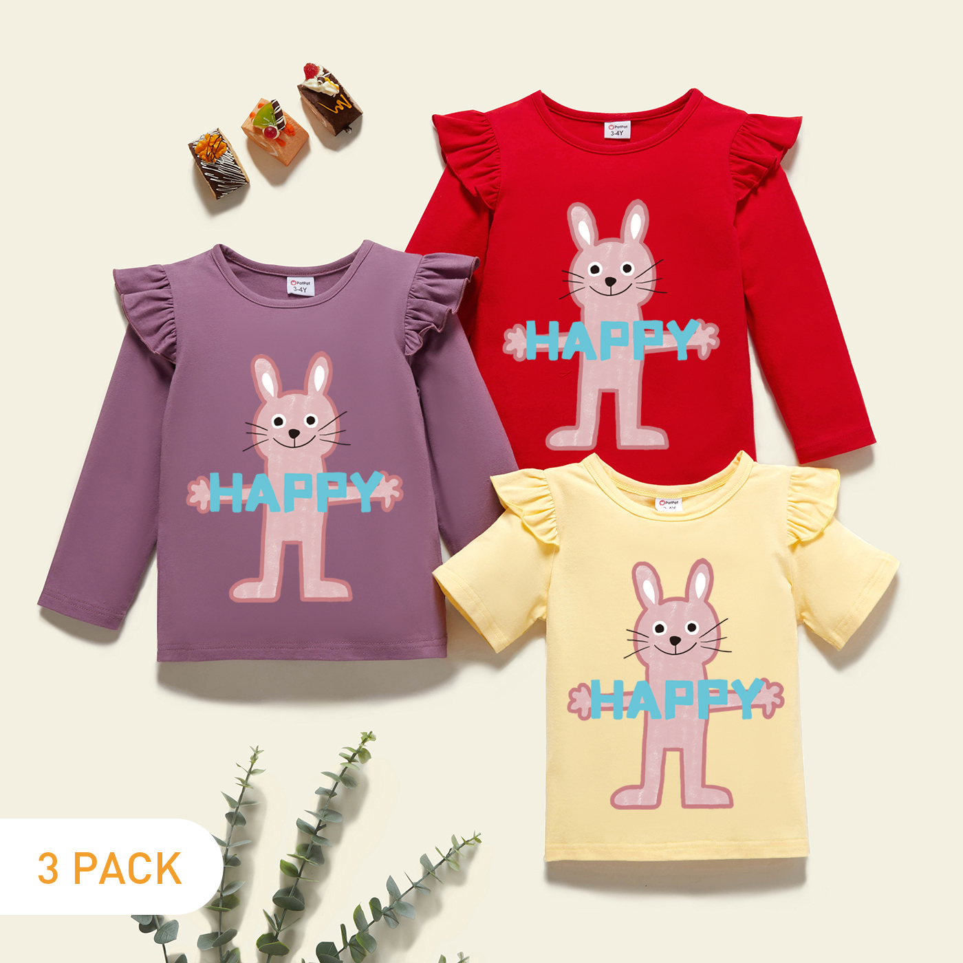 

3-Pack Toddler Girl Graphic Rabbit and Letter Print Ruffled Tee Set