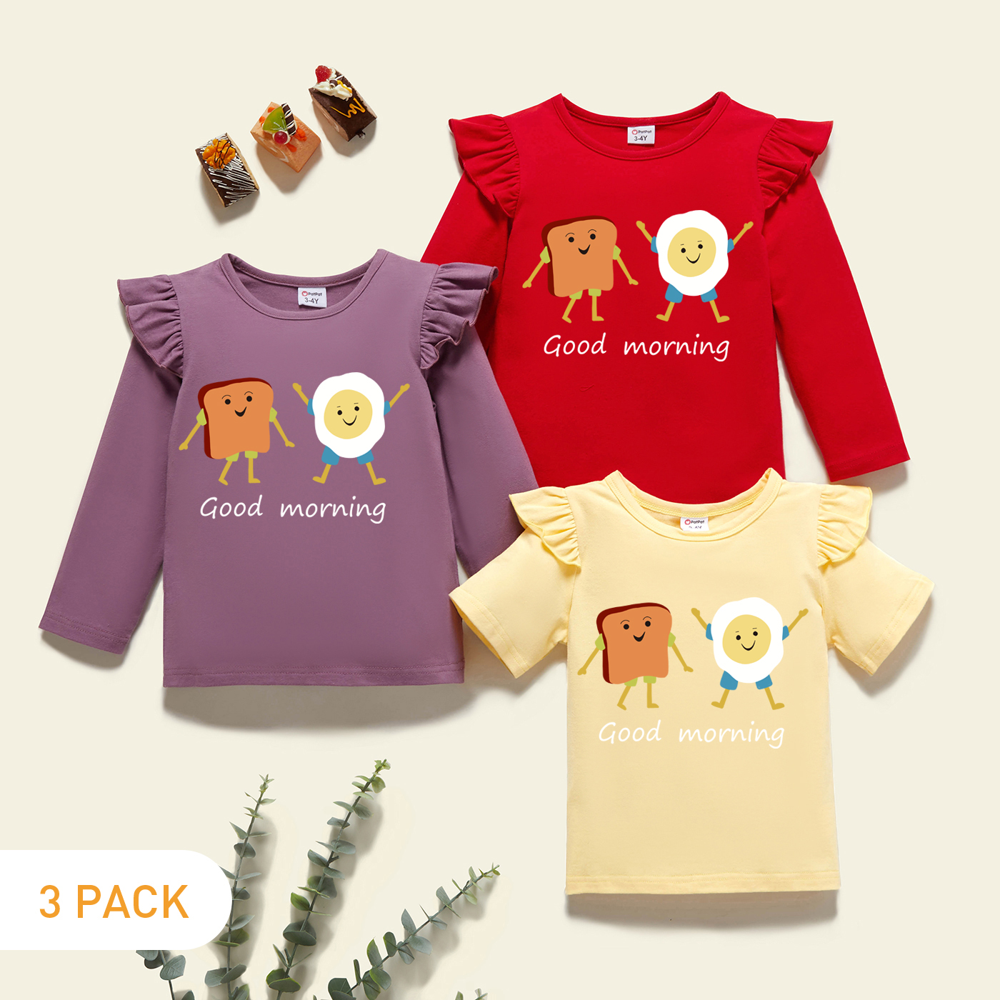 

3-Pack Toddler Girl Graphic Letter and Food Print Ruffled Long-sleeve & Short-sleeve Tee Set