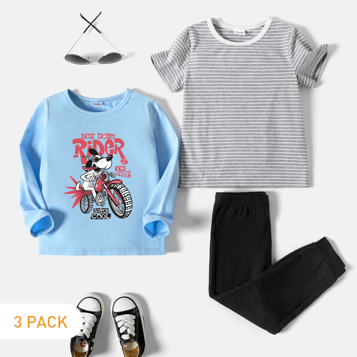 

3-Pack Toddler Boy Graphic Dog and Motorcycle and Letter Print Long-sleeve Tee & Striped Short-sleeve Tee & Pants Set