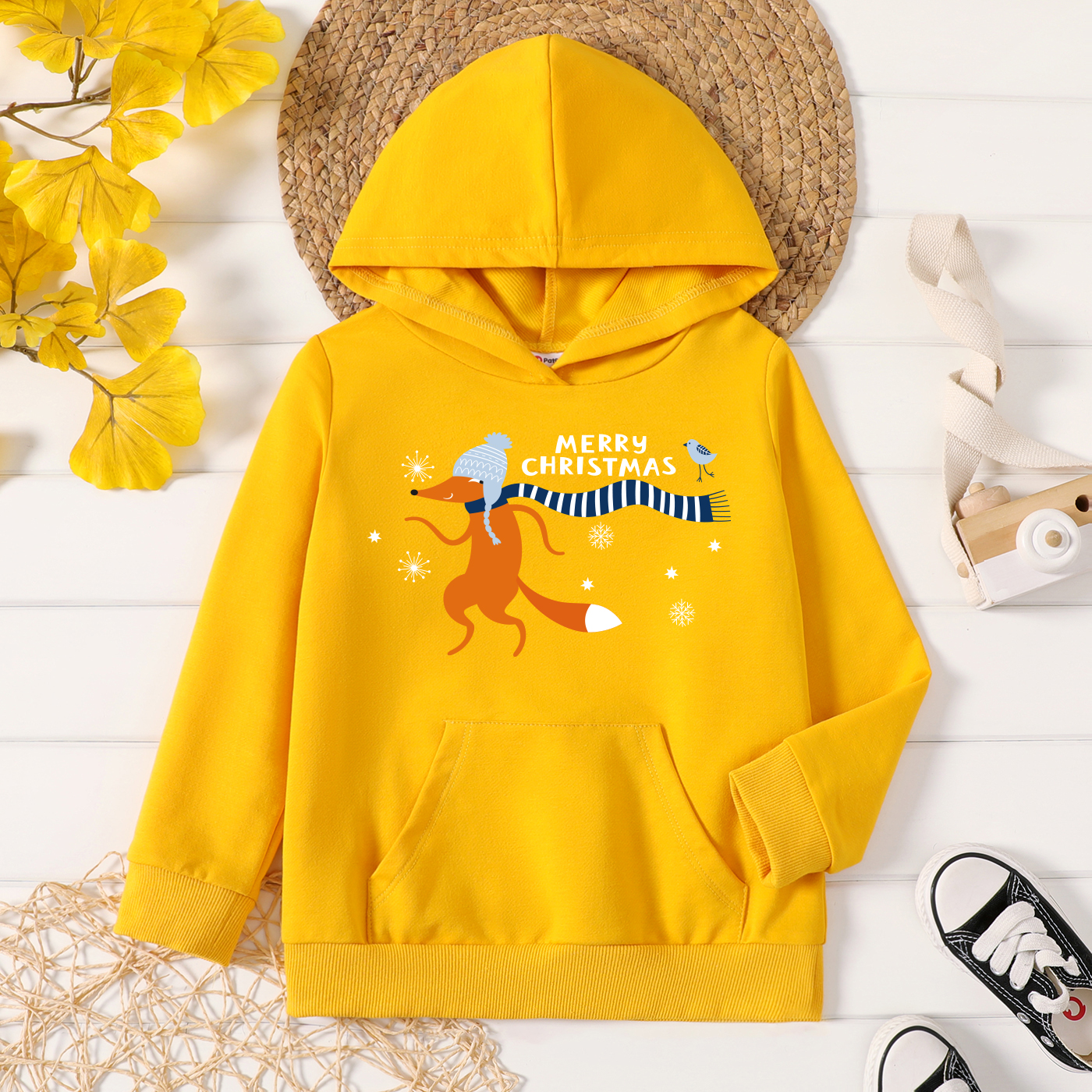 

Christmas Toddler Graphic Fox and Snowflake and Letter Print Long-sleeve Hooded Pullover