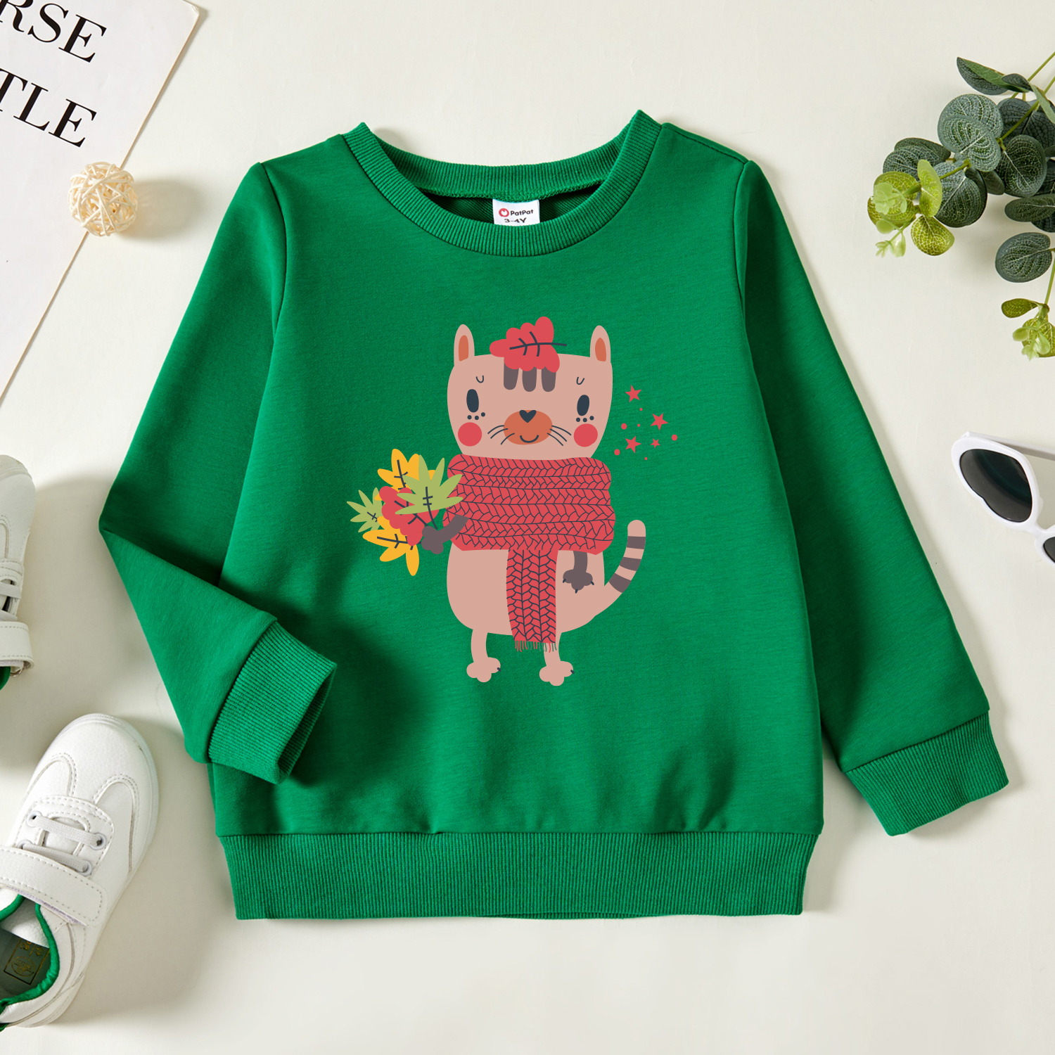 

Toddler Graphic Cat and Leaf and Stars Print Long-sleeve Pullover
