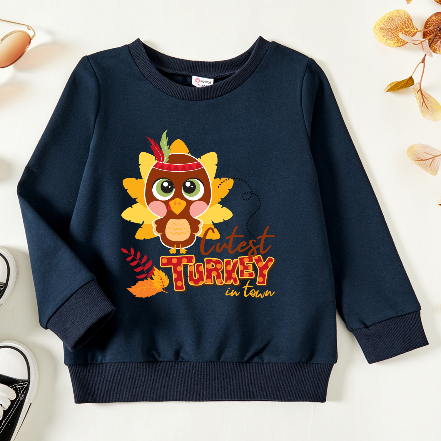 

Thanksgiving Toddler Graphic Turkey and Letter and Leaf Print Long-sleeve Pullover