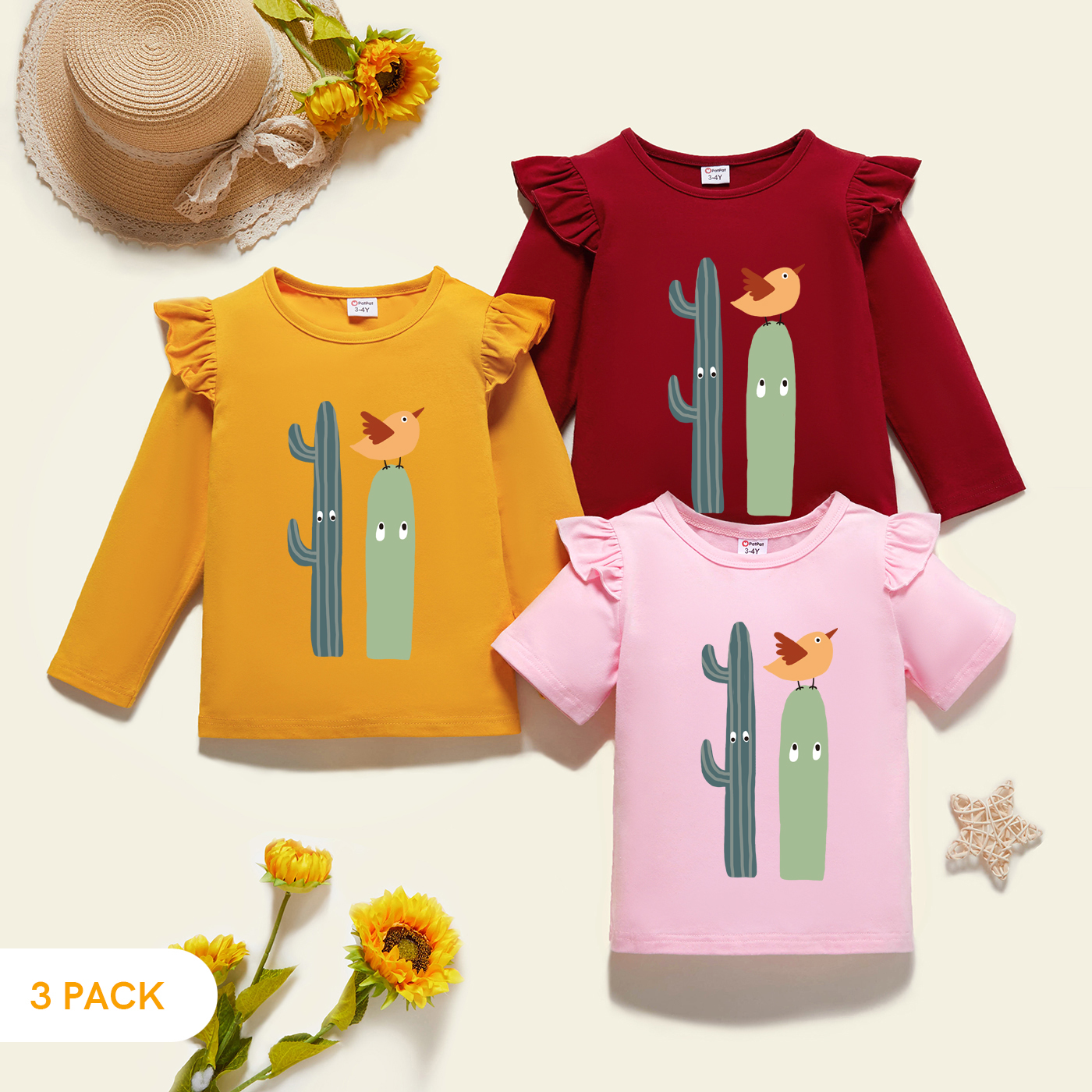 

3-Pack Toddler Girl Graphic Bird and Cactus Print Ruffled Long-sleeve & Short-sleeve Tee Set