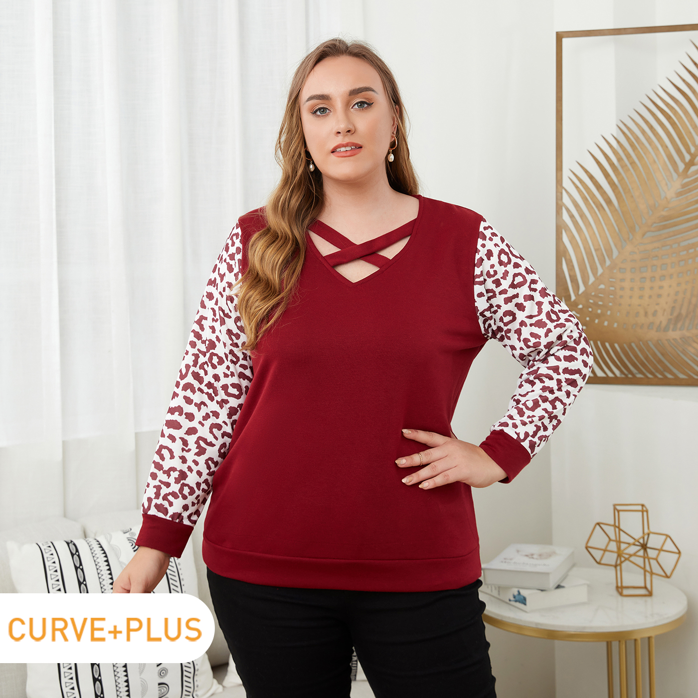 

Women Plus Size Casual Crisscross Leopard Print Pullover Sweatshirt