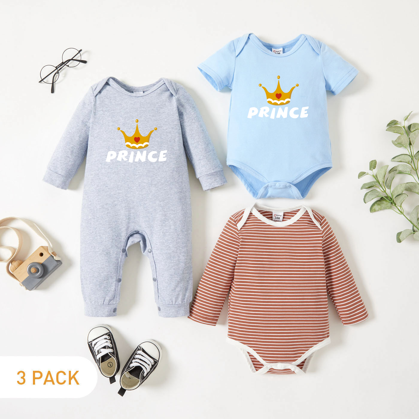 

3-Pack Baby Boy Graphic Letter and Crown Print Striped Romper Jumpsuit Set
